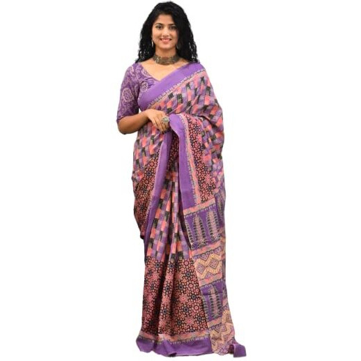 JALTHER Handicrafts Womens Ikat Hand Block Print Jaipuri Cotton Mulmul Saree with Blouse Piece - Purple_437