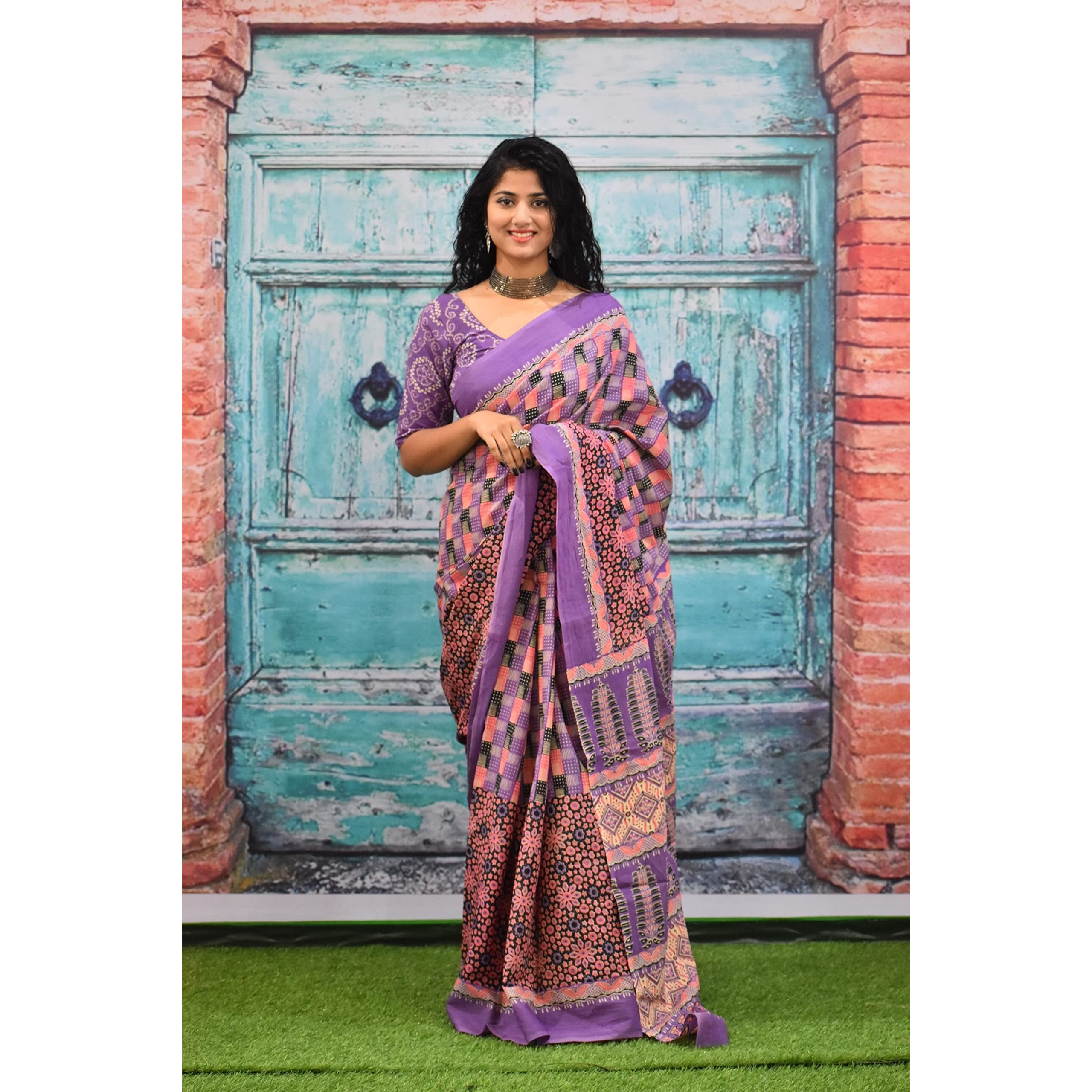 JALTHER Handicrafts Womens Ikat Hand Block Print Jaipuri Cotton Mulmul Saree with Blouse Piece - Purple_437