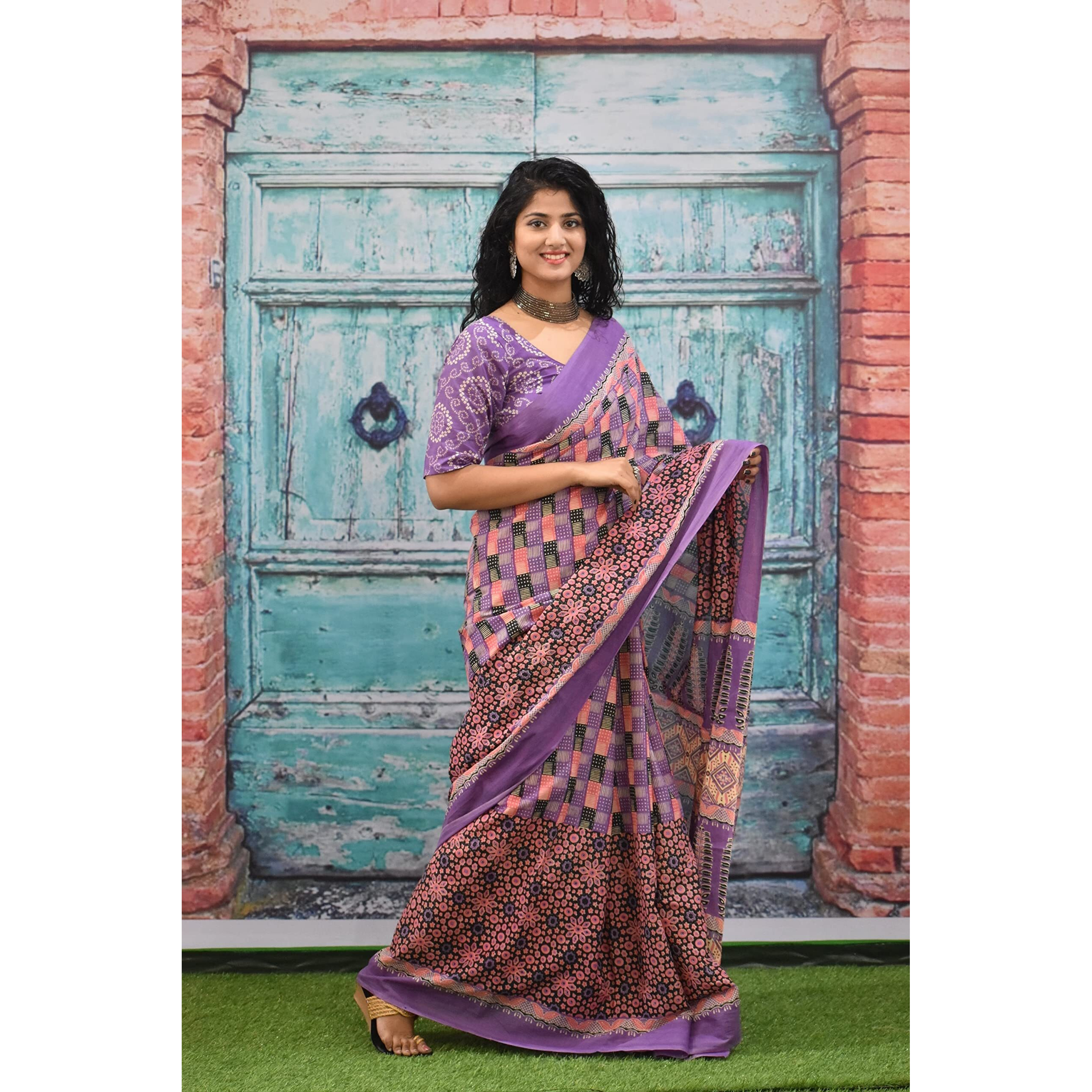 JALTHER Handicrafts Womens Ikat Hand Block Print Jaipuri Cotton Mulmul Saree with Blouse Piece - Purple_437