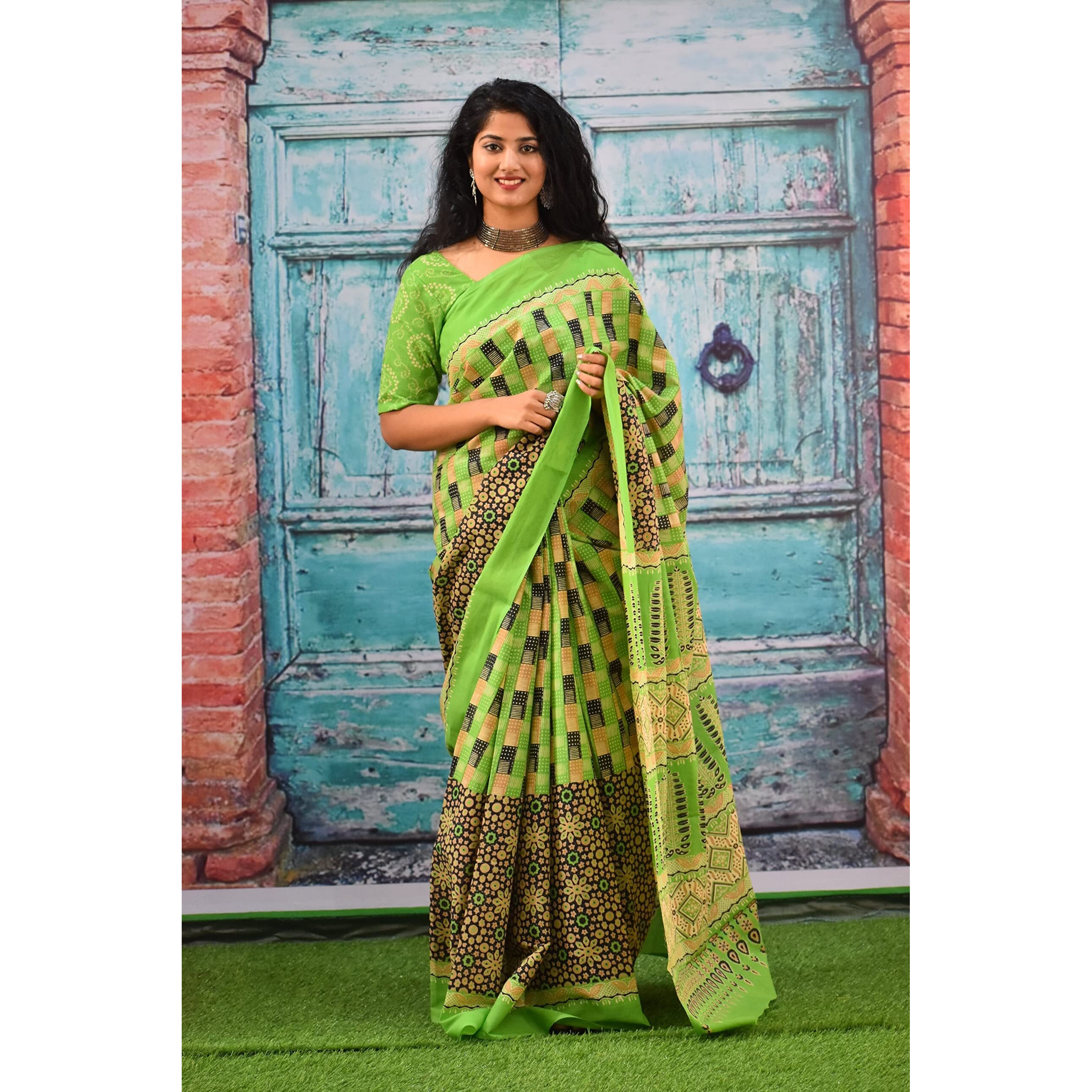 JALTHER Handicrafts Womens Ikat Hand Block Print Jaipuri Cotton Mulmul Saree with Blouse Piece - Green_432