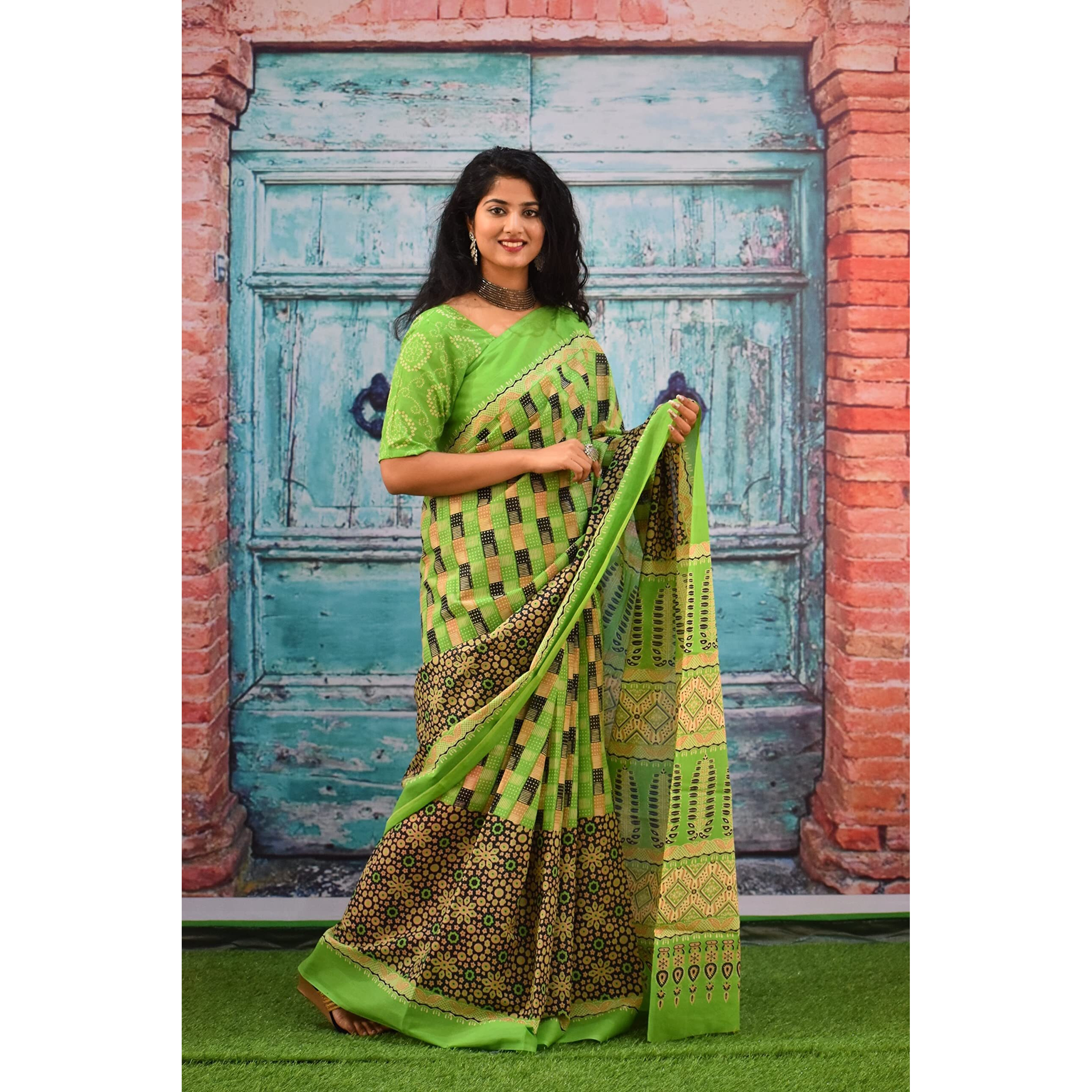 JALTHER Handicrafts Womens Ikat Hand Block Print Jaipuri Cotton Mulmul Saree with Blouse Piece - Green_432