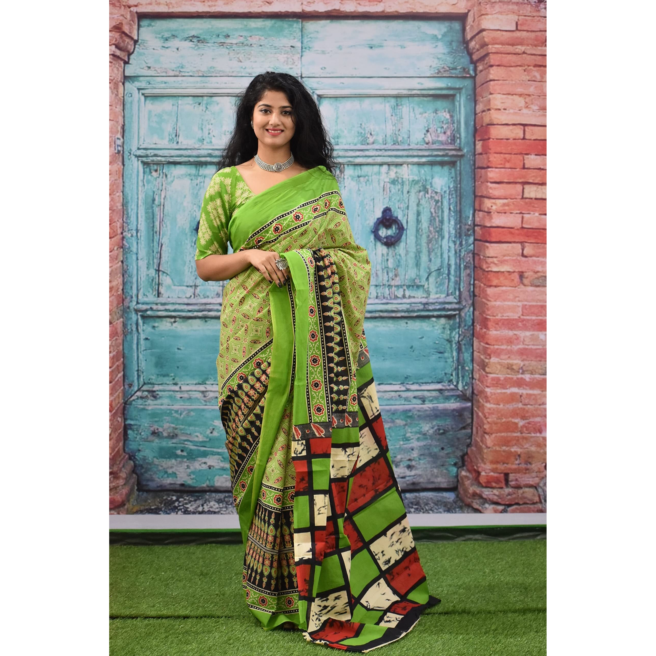 JALTHER Handicrafts Womens Ikat Hand Block Print Jaipuri Cotton Mulmul Saree with Blouse Piece - Green_434