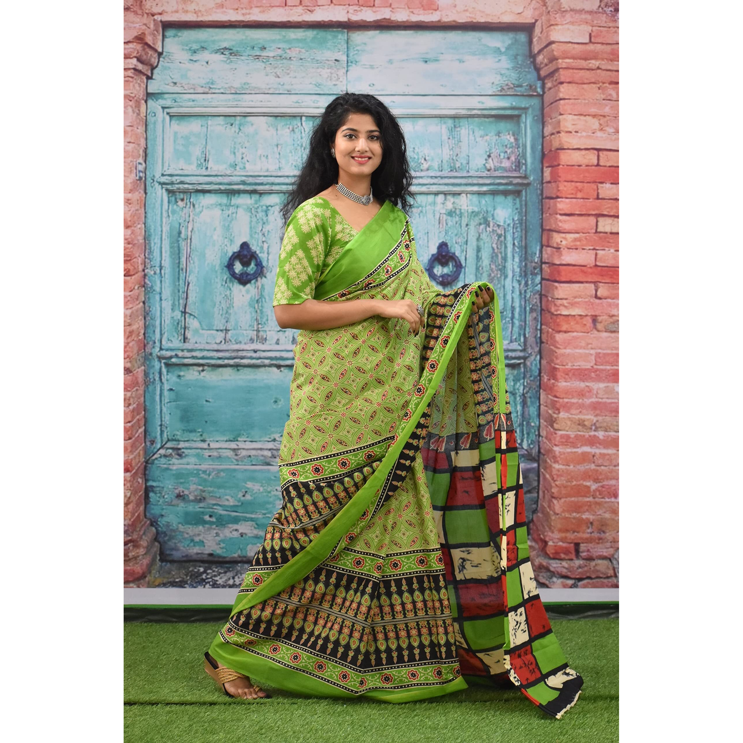 JALTHER Handicrafts Womens Ikat Hand Block Print Jaipuri Cotton Mulmul Saree with Blouse Piece - Green_434