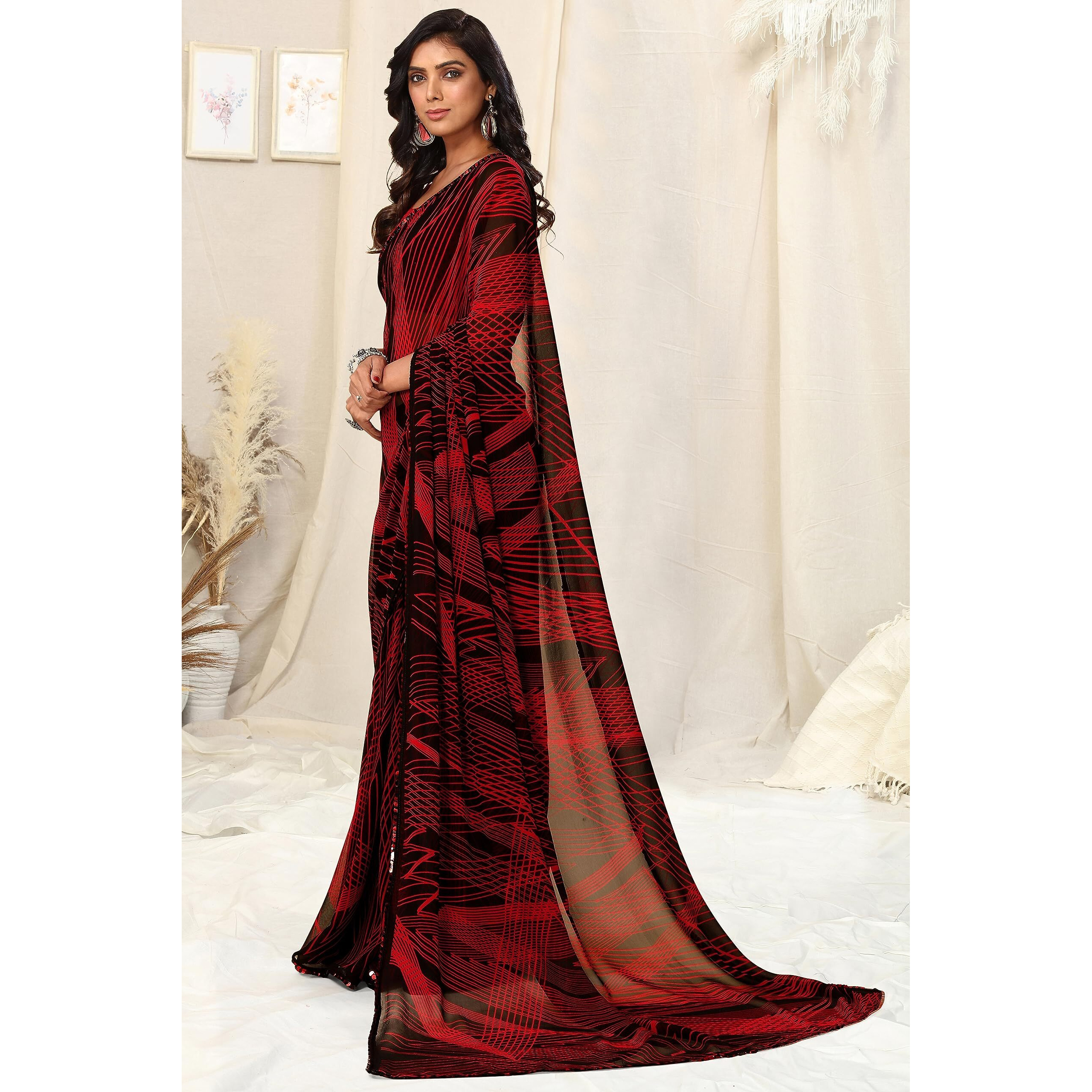 MIRCHI FASHION Womens Georgette Geometric Printed Saree with Blouse Piece (39282-Black, Red2)