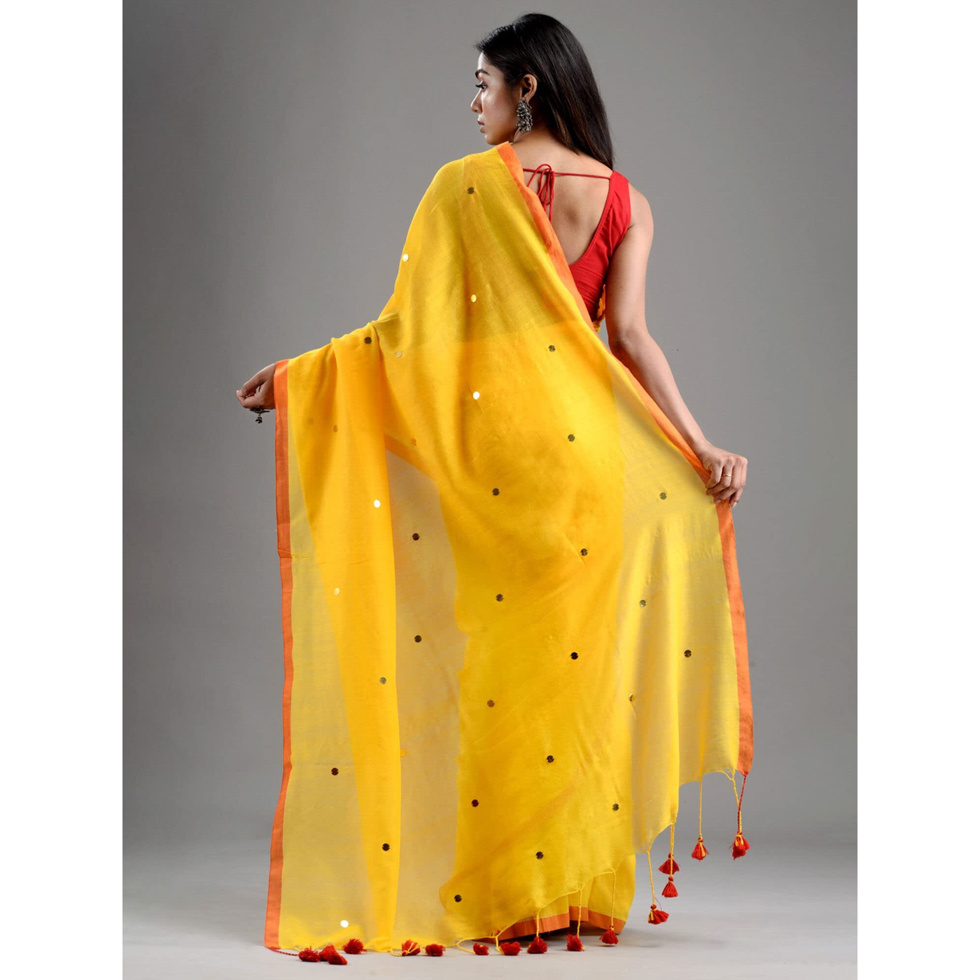 Laxmi Handloom Womens Traditional Bengal Handloom Pure Cotton Khadi Saree (Yellow and Red)