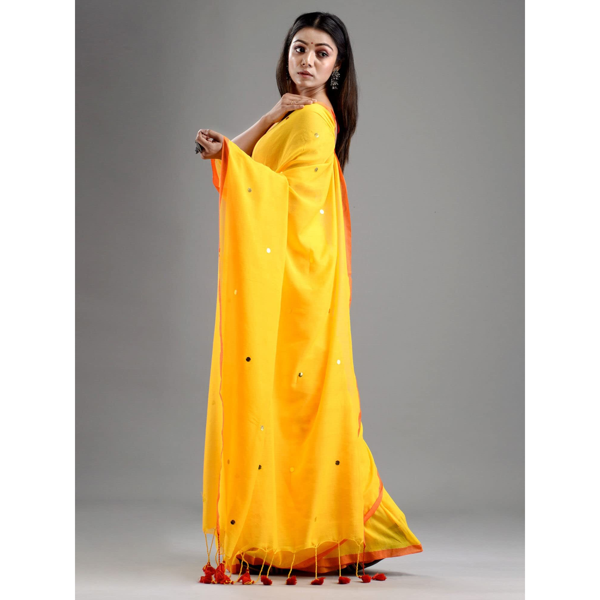Laxmi Handloom Womens Traditional Bengal Handloom Pure Cotton Khadi Saree (Yellow and Red)