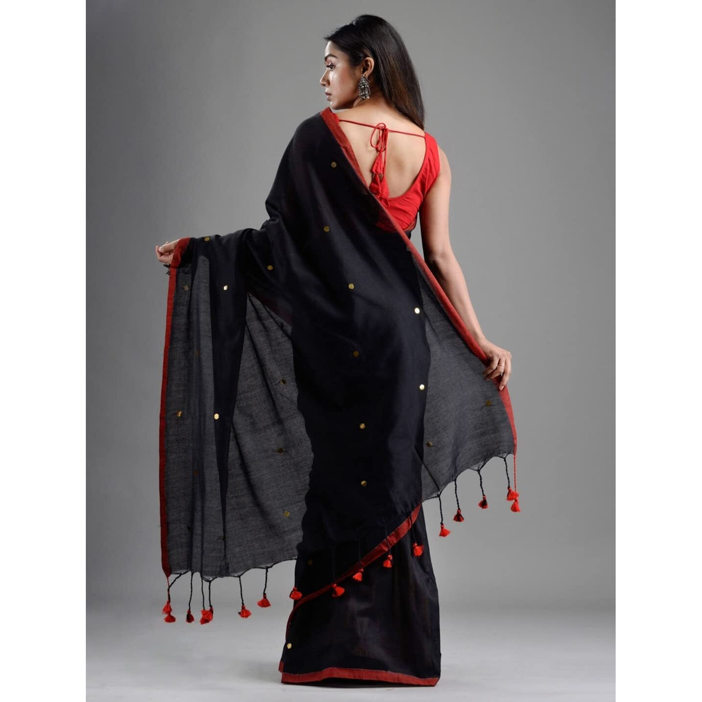 Laxmi Handloom Womens Traditional Bengal Handloom Pure Cotton Khadi Saree (Black)