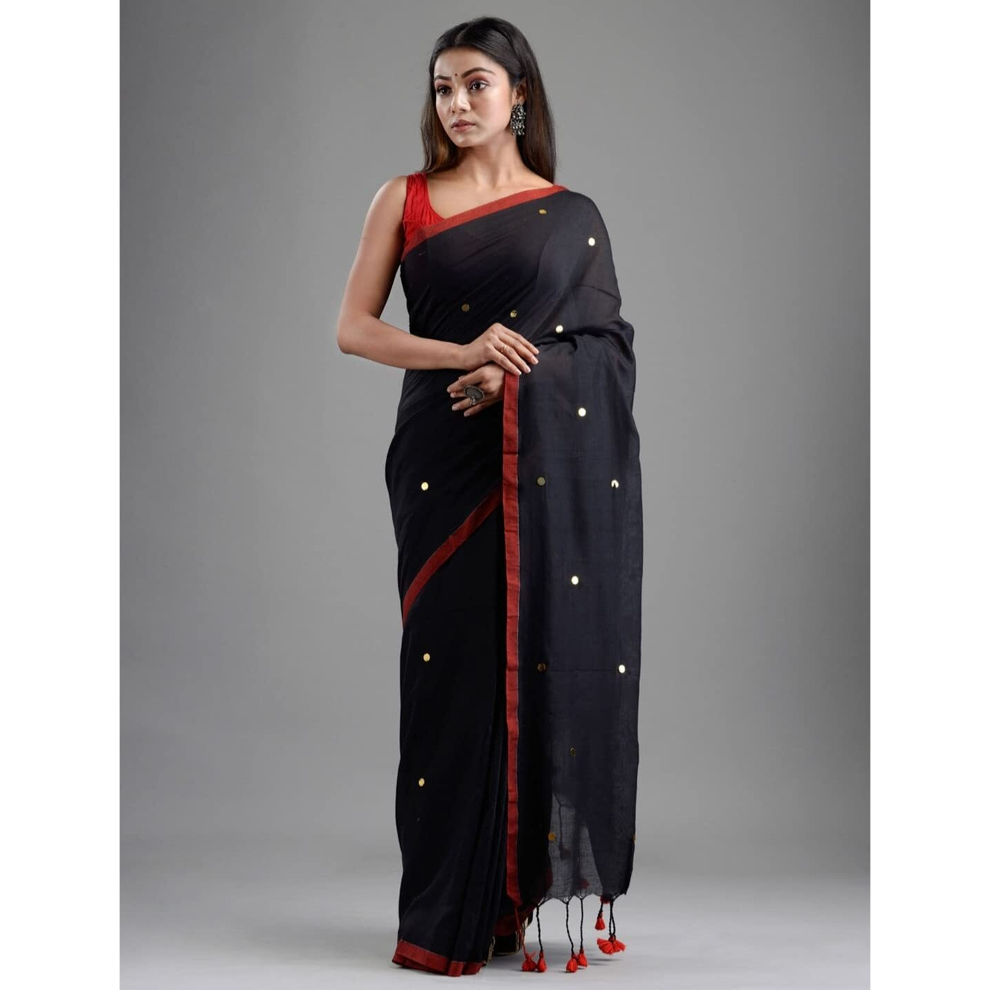 Laxmi Handloom Womens Traditional Bengal Handloom Pure Cotton Khadi Saree (Black)