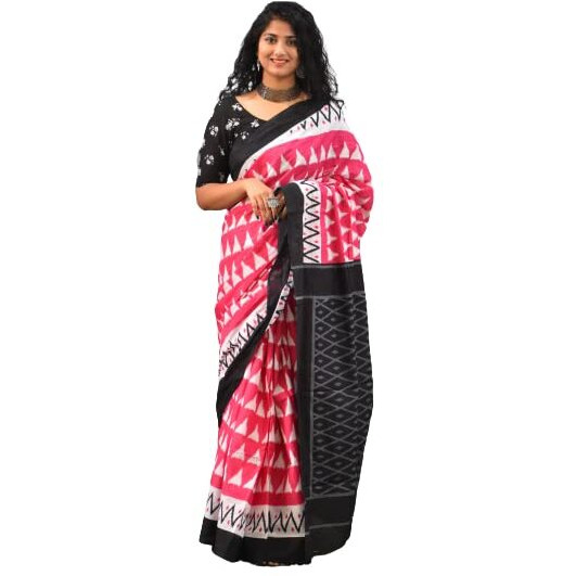 JALTHER Handicrafts Womens Ikat Hand Block Print Jaipuri Cotton Mulmul Saree with Blouse Piece - Pink_290