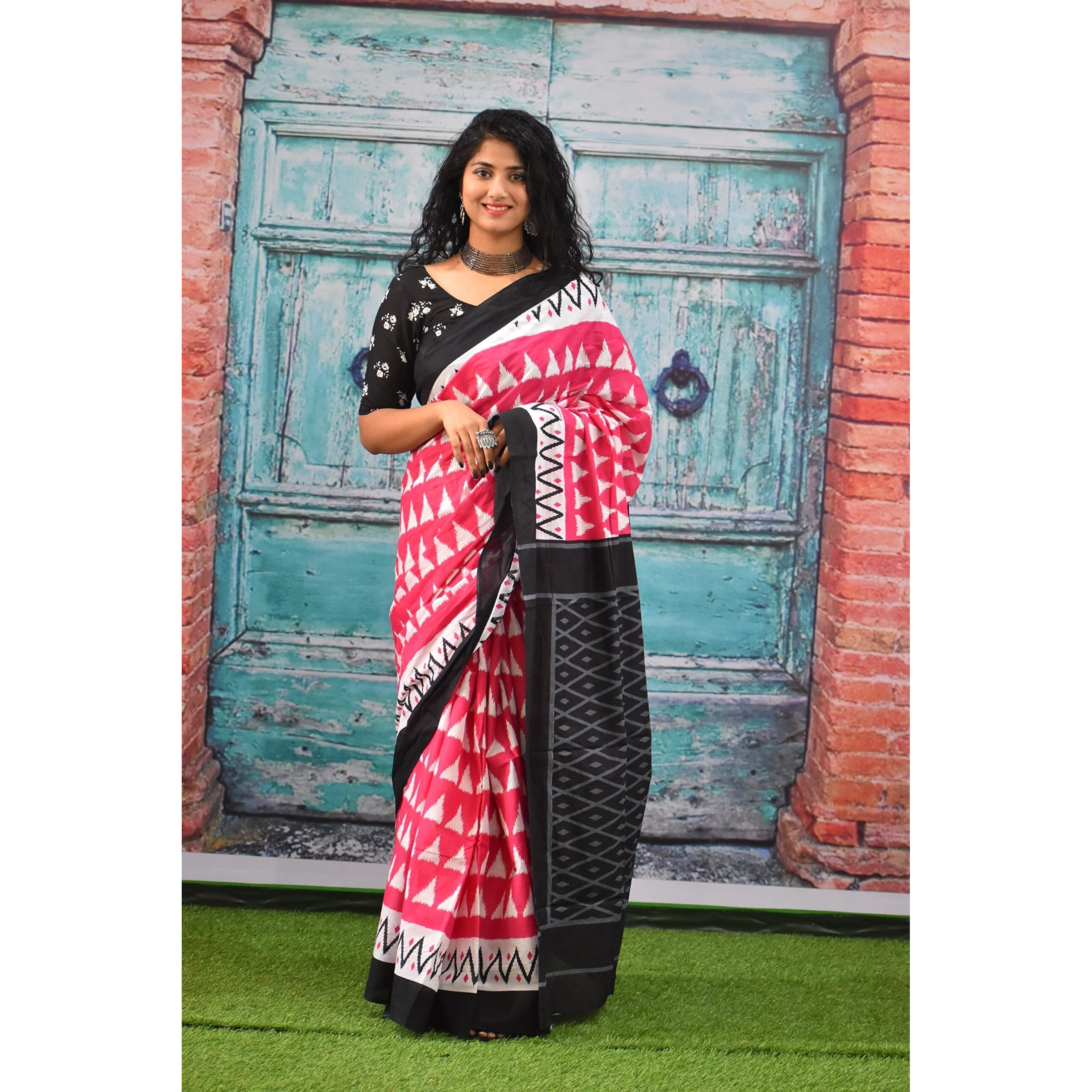 JALTHER Handicrafts Womens Ikat Hand Block Print Jaipuri Cotton Mulmul Saree with Blouse Piece - Pink_290