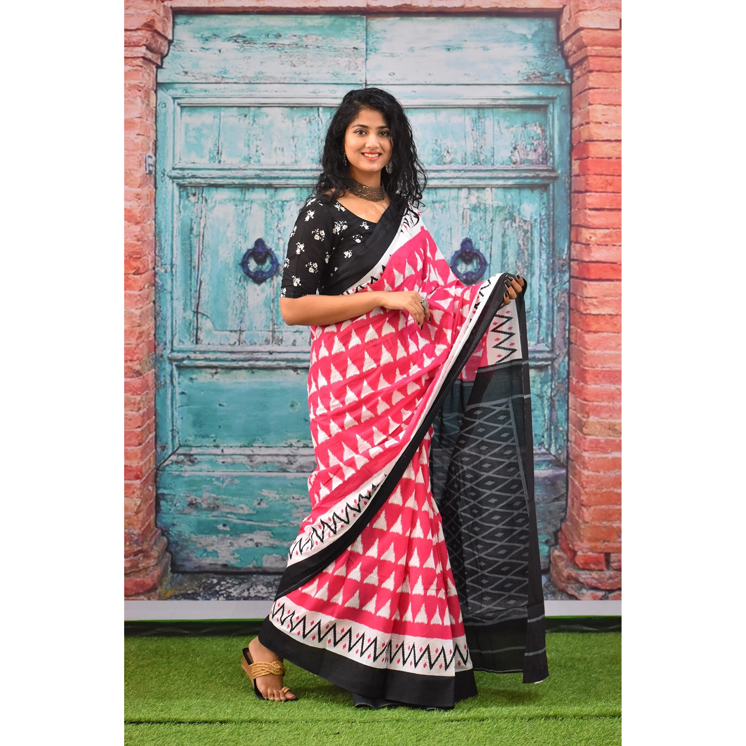 JALTHER Handicrafts Womens Ikat Hand Block Print Jaipuri Cotton Mulmul Saree with Blouse Piece - Pink_290