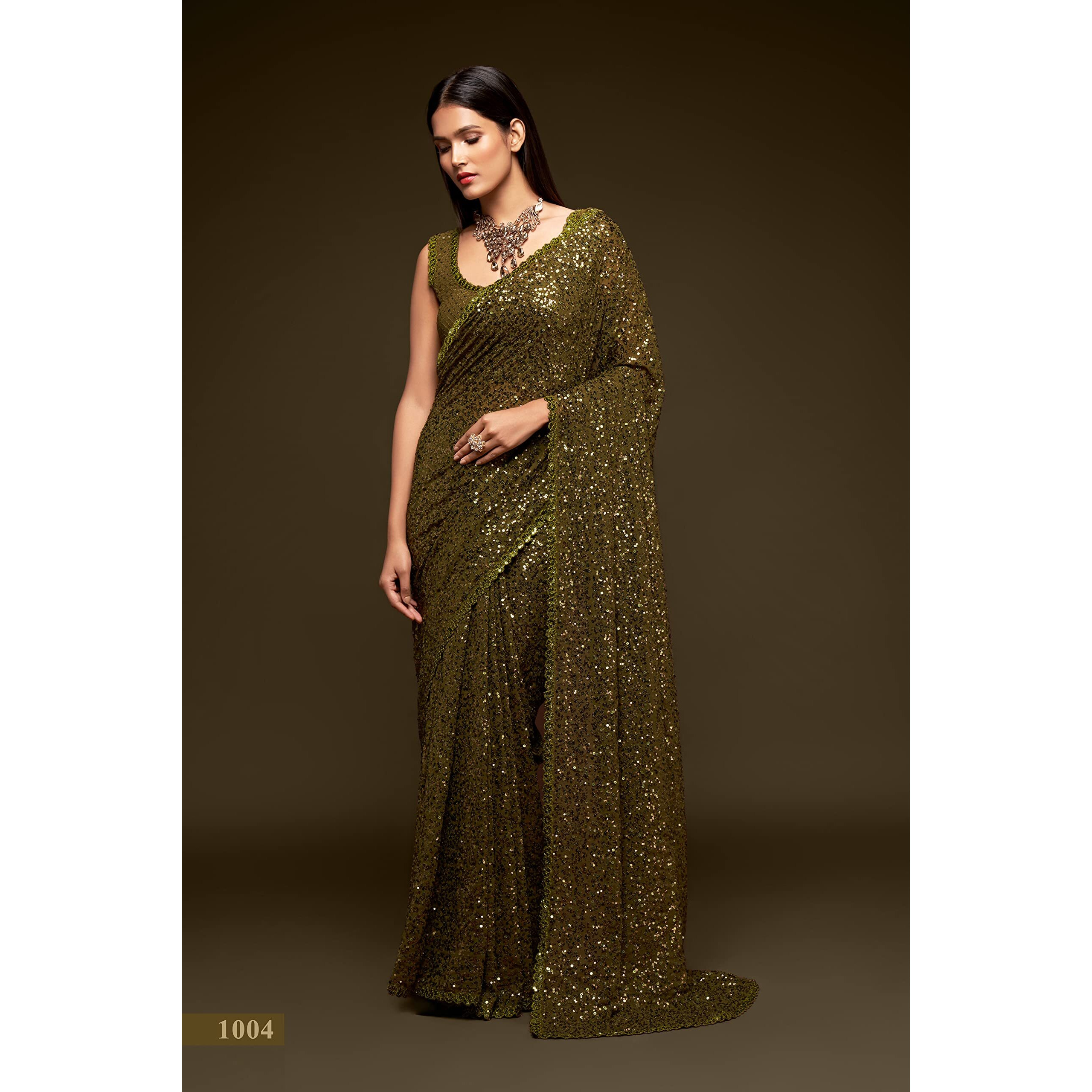 Zeel Clothing Womens Mehandi Green Sequins Work Heavy Georgette Saree with Blouse (1004-Olive-Green-Sequins-Party-Saree, Olive Green)