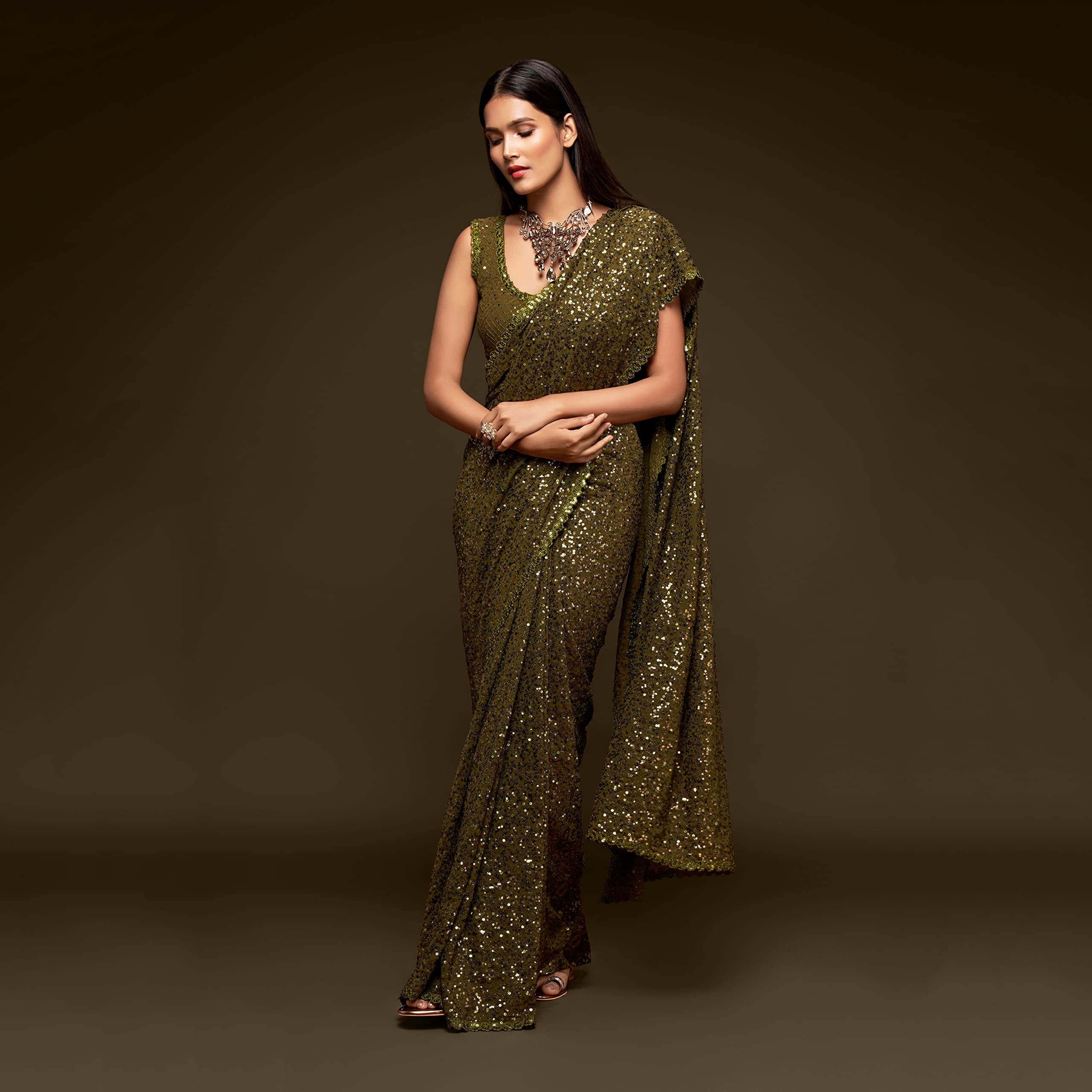 Zeel Clothing Womens Mehandi Green Sequins Work Heavy Georgette Saree with Blouse (1004-Olive-Green-Sequins-Party-Saree, Olive Green)