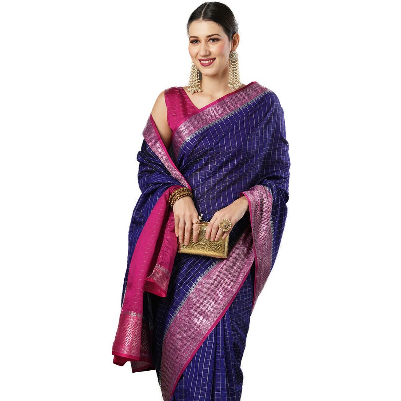 AKHILAM Womens Woven Design Aura Silk Taant Saree With Unstitched Blouse Piece (Navy Blue_11AURA1105)