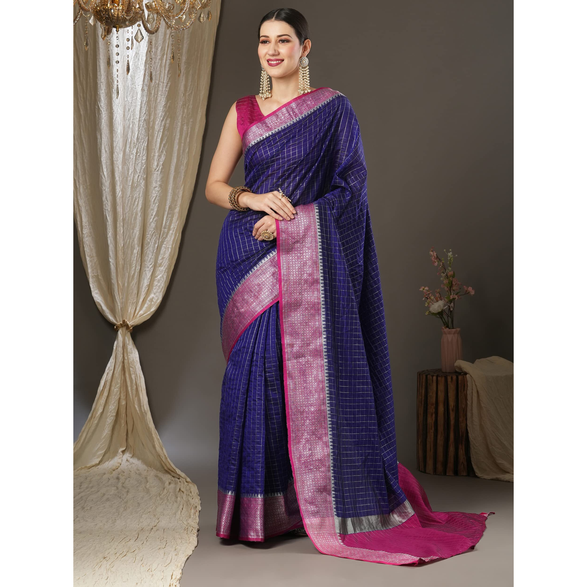 AKHILAM Womens Woven Design Aura Silk Taant Saree With Unstitched Blouse Piece (Navy Blue_11AURA1105)