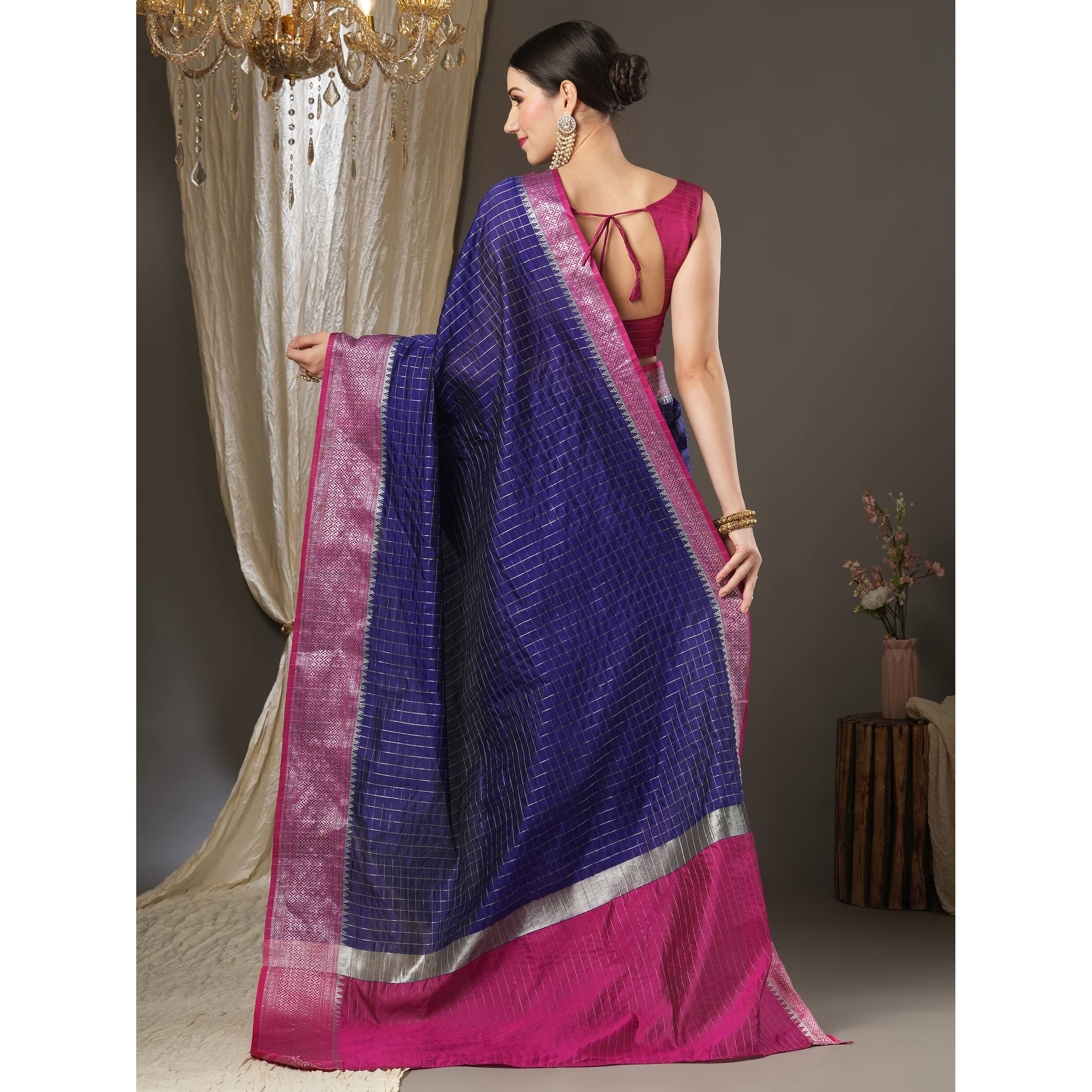 AKHILAM Womens Woven Design Aura Silk Taant Saree With Unstitched Blouse Piece (Navy Blue_11AURA1105)