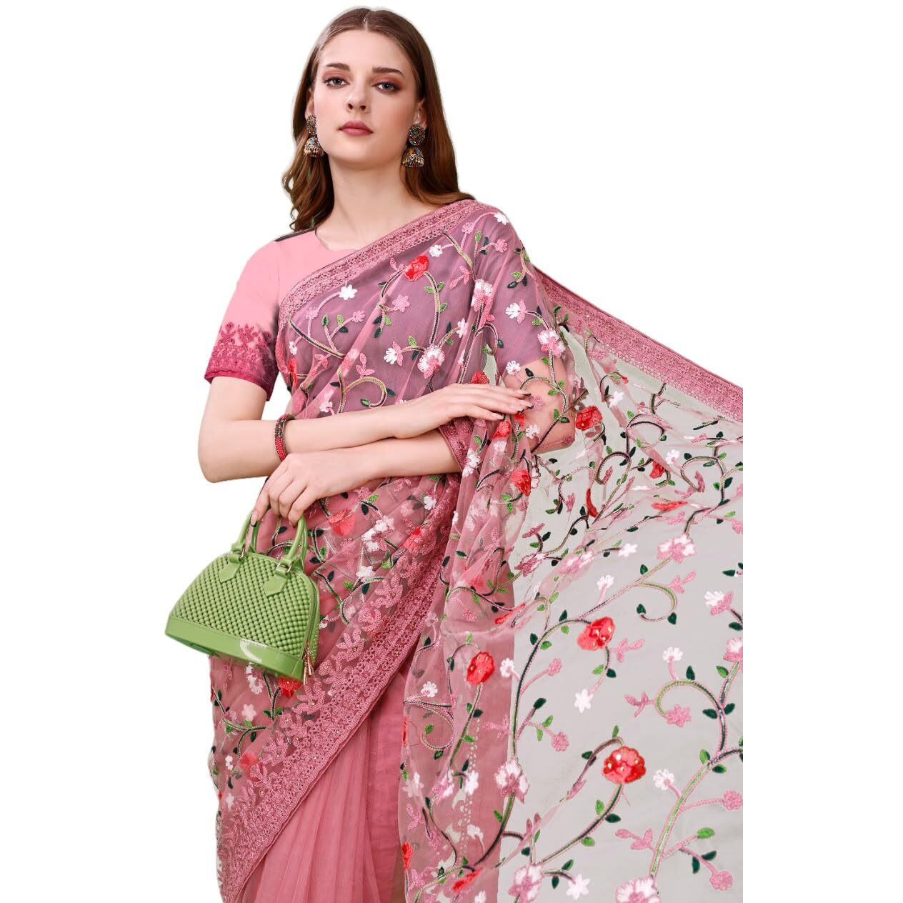 Jaanvi fashion Womens Floral Embroidery Work Net Silk Saree with Lace Border & Blouse Piece (mm-realme-onion-pink-re)