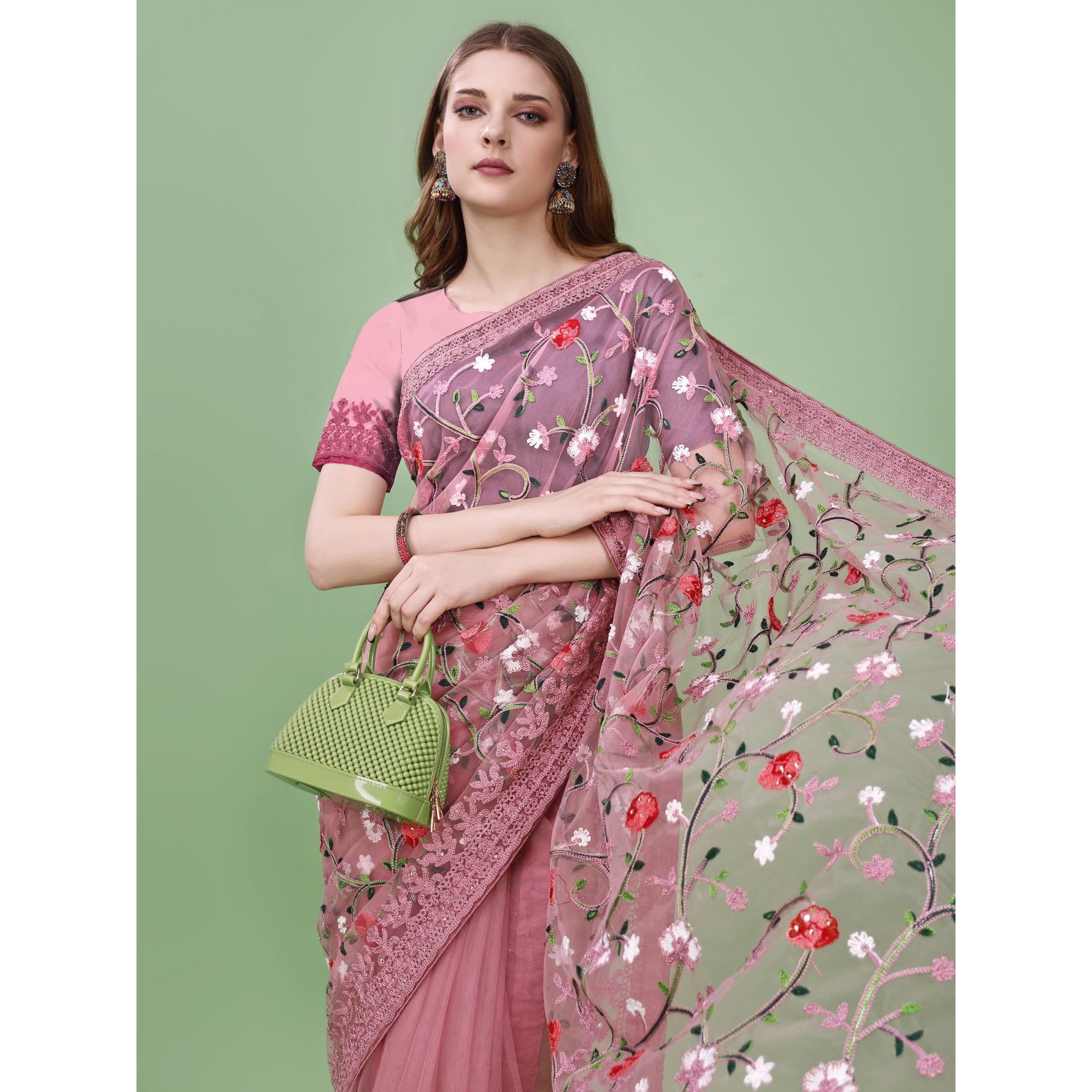 Jaanvi fashion Womens Floral Embroidery Work Net Silk Saree with Lace Border & Blouse Piece (mm-realme-onion-pink-re)