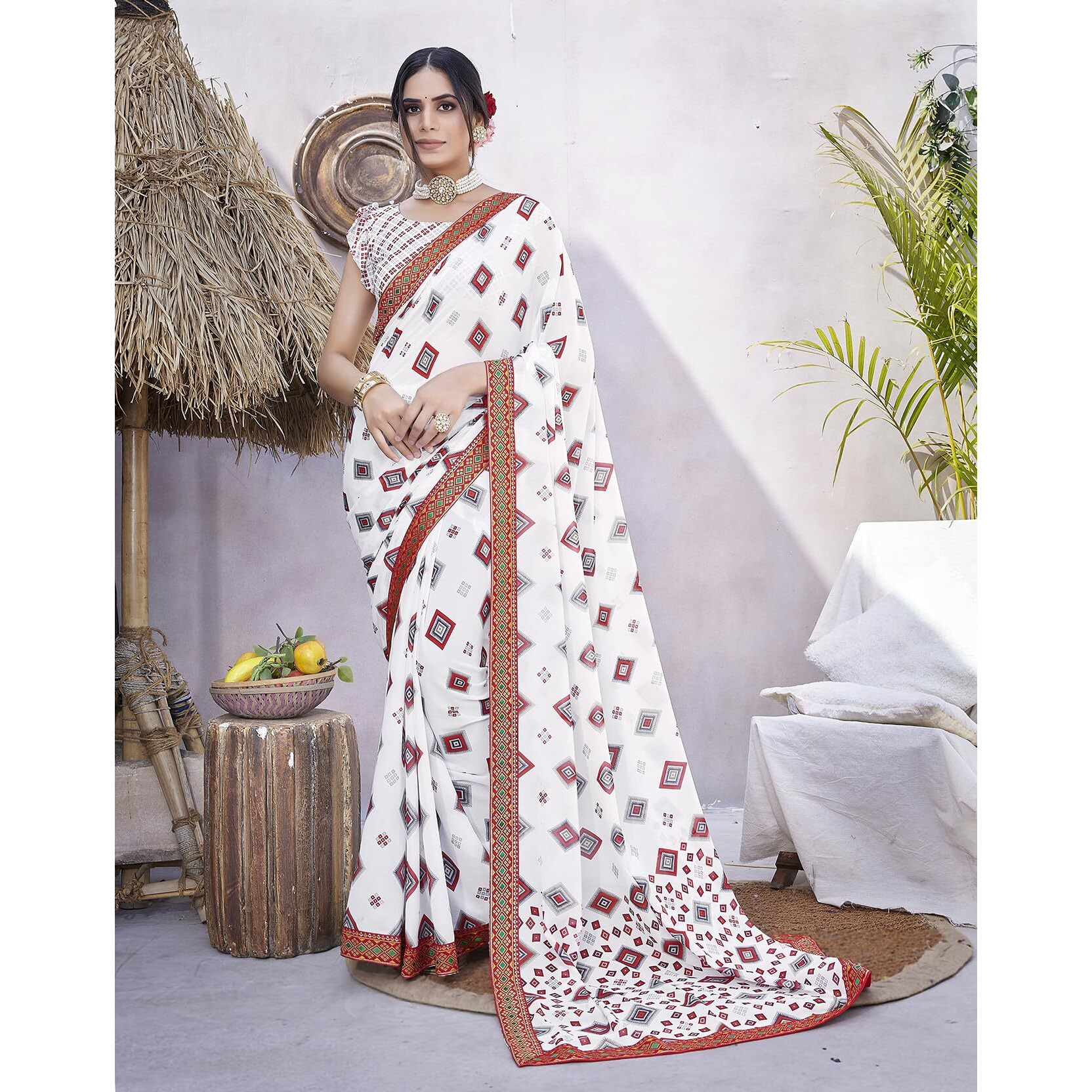 Yashika Womens Georgette Saree Printed Saree With Unstitched Blouse Material - Suitable For All Indian Occasions and Festivals (AZ-YS-OG-ANUSHI RED)