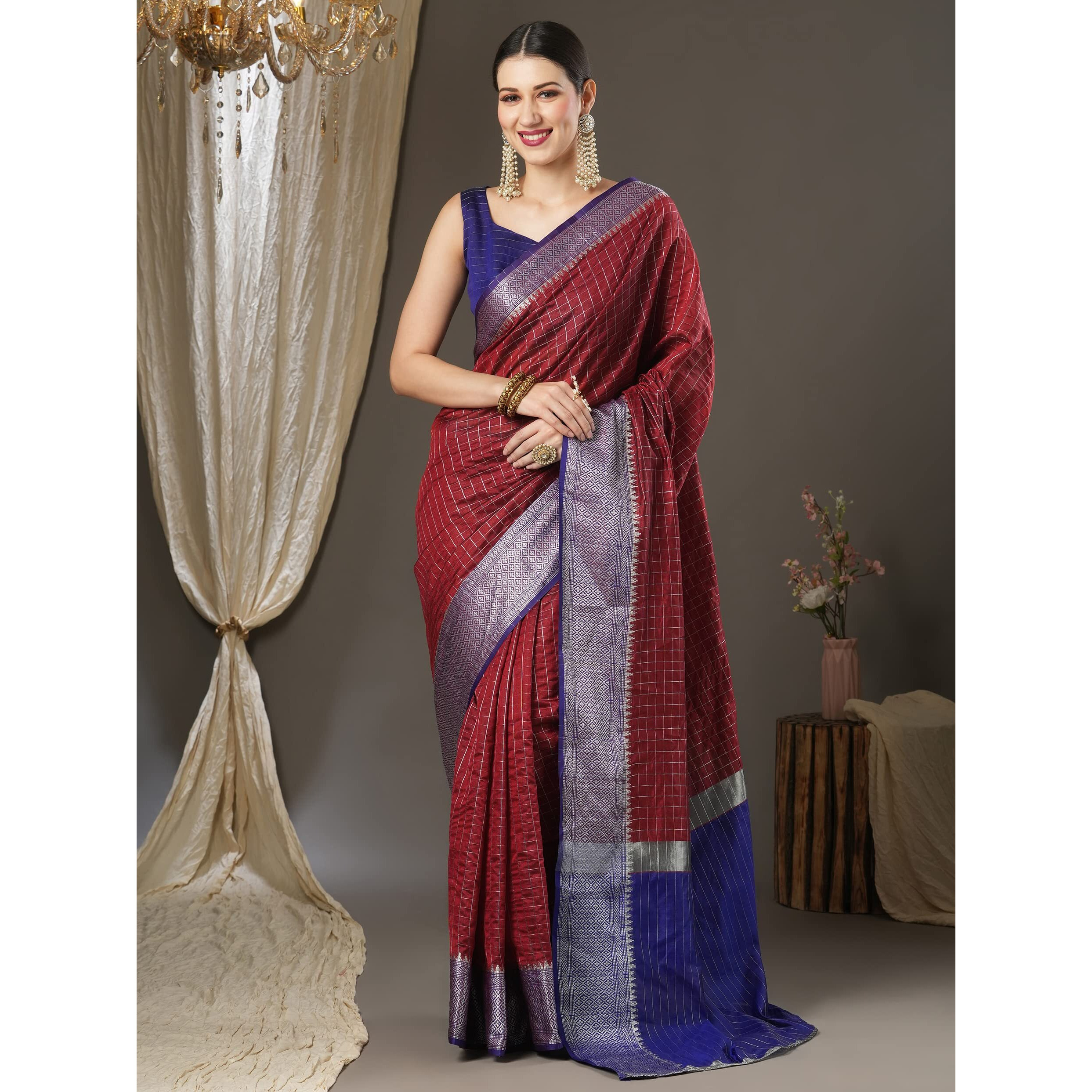 AKHILAM Womens Woven Design Aura Silk Taant Saree With Unstitched Blouse Piece (Rust_11AURA1102)