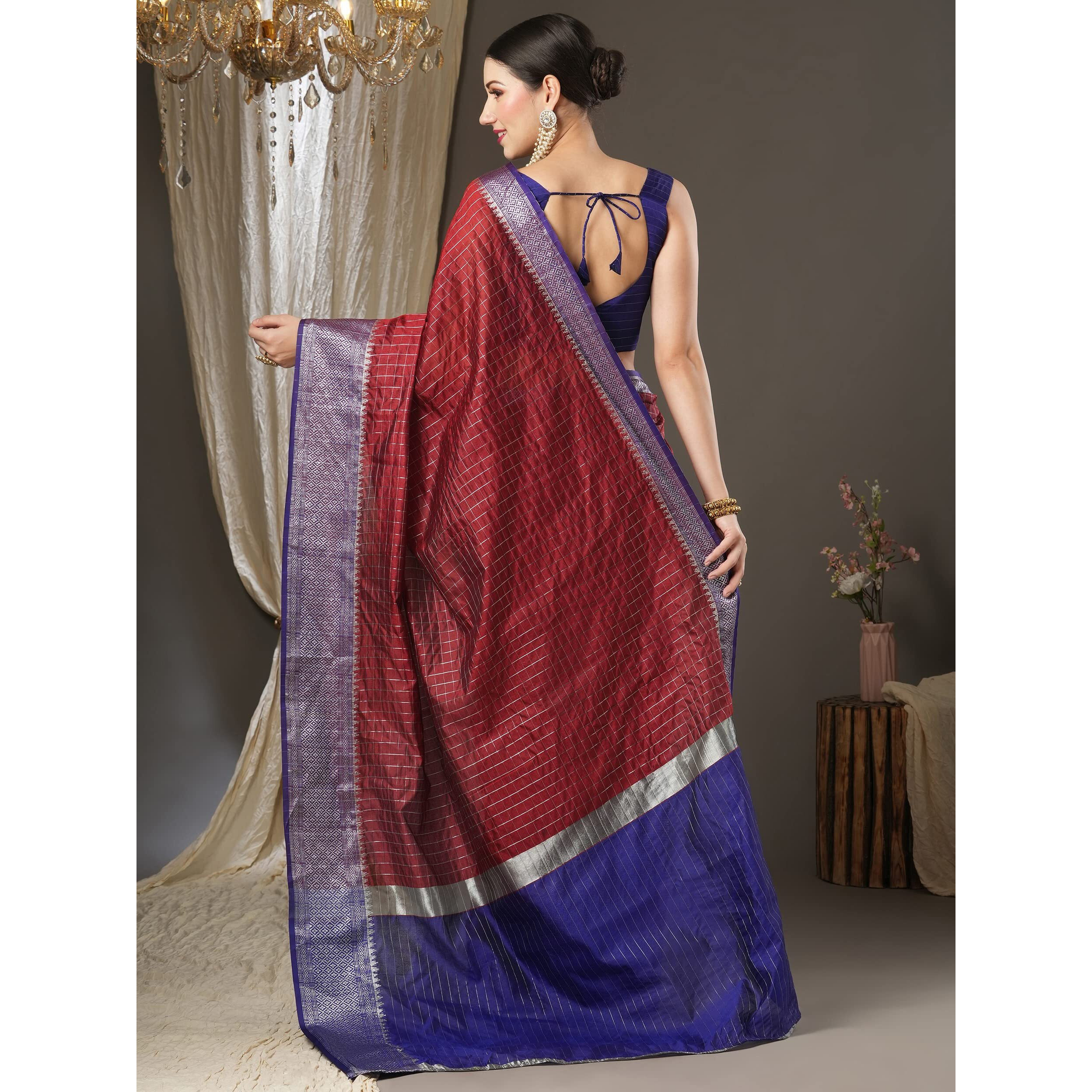 AKHILAM Womens Woven Design Aura Silk Taant Saree With Unstitched Blouse Piece (Rust_11AURA1102)
