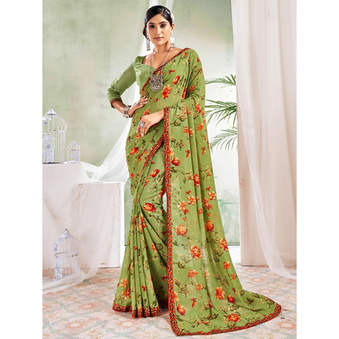 Jaanvi fashion Womens Floral Printed Georgette Saree With Printed Lace Border & Blouse Piece (savera-georgette-1299)