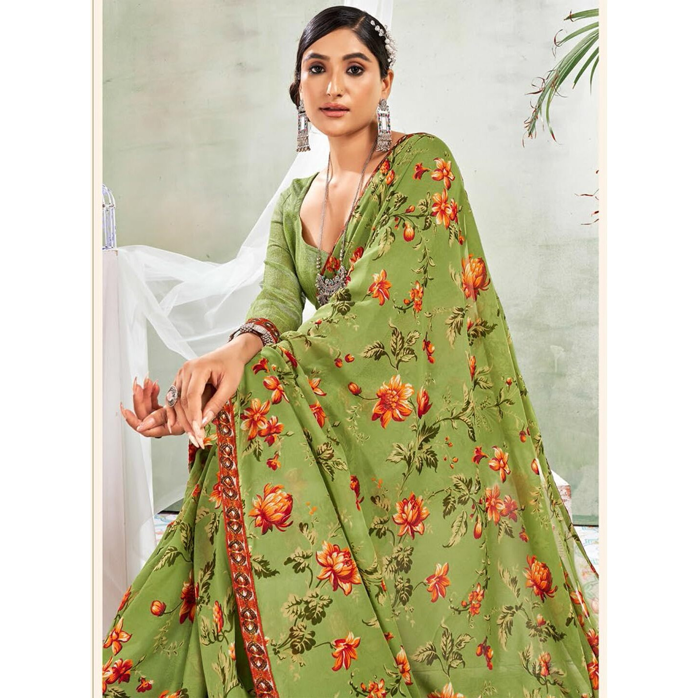 Jaanvi fashion Womens Floral Printed Georgette Saree With Printed Lace Border & Blouse Piece (savera-georgette-1299)