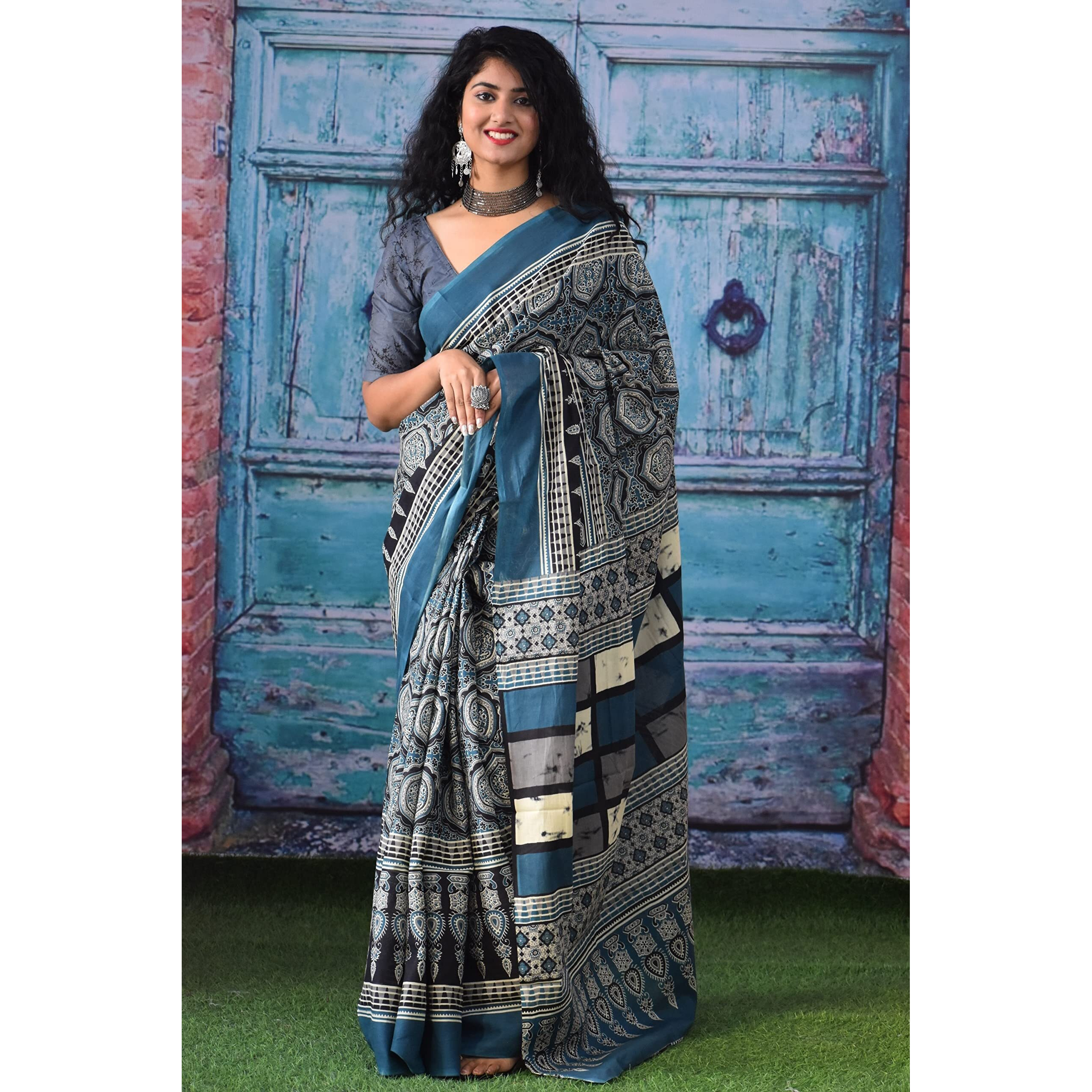 JALTHER Handicrafts Womens Ikat Hand Block Print Jaipuri Cotton Mulmul Saree with Blouse Piece - Multi_443