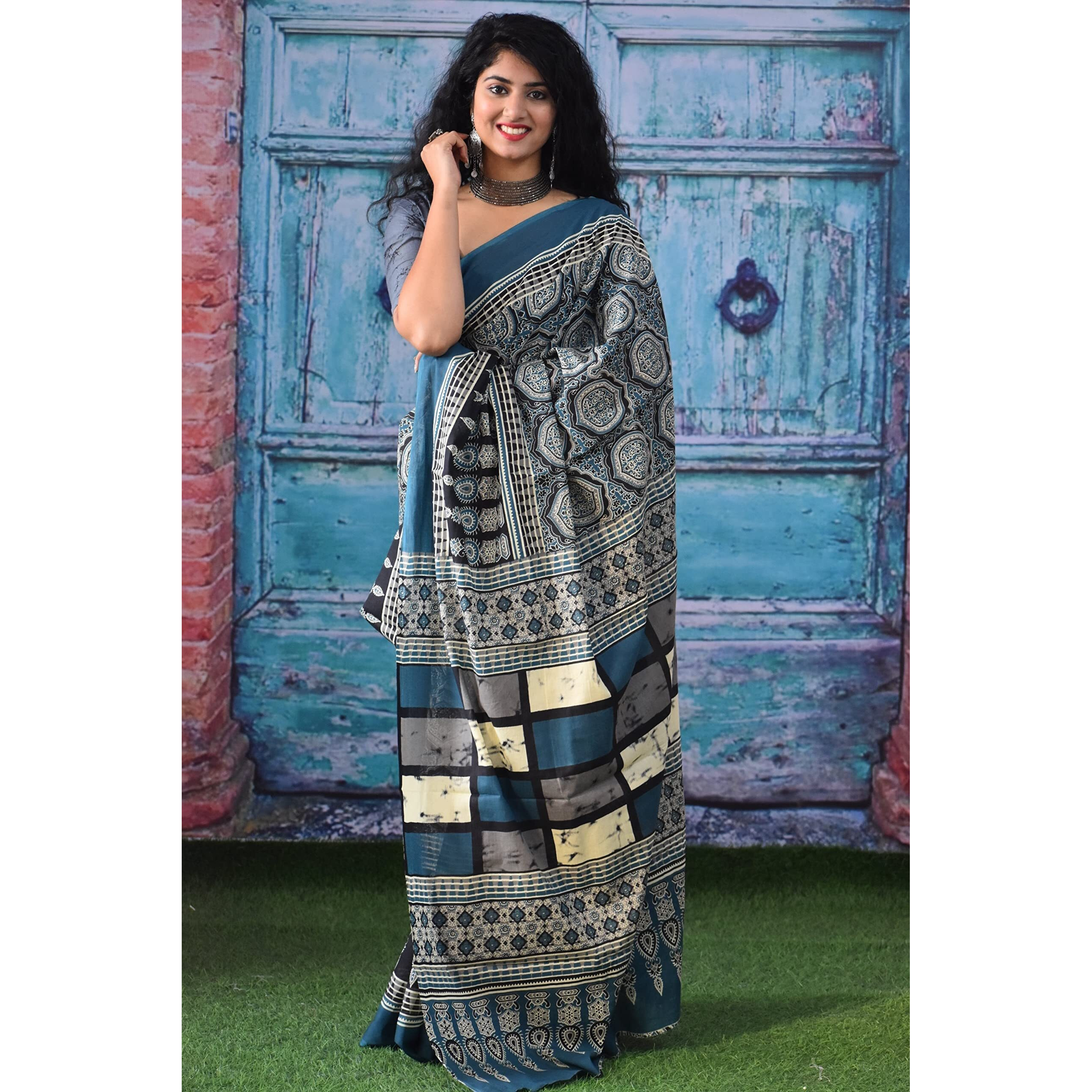 JALTHER Handicrafts Womens Ikat Hand Block Print Jaipuri Cotton Mulmul Saree with Blouse Piece - Multi_443