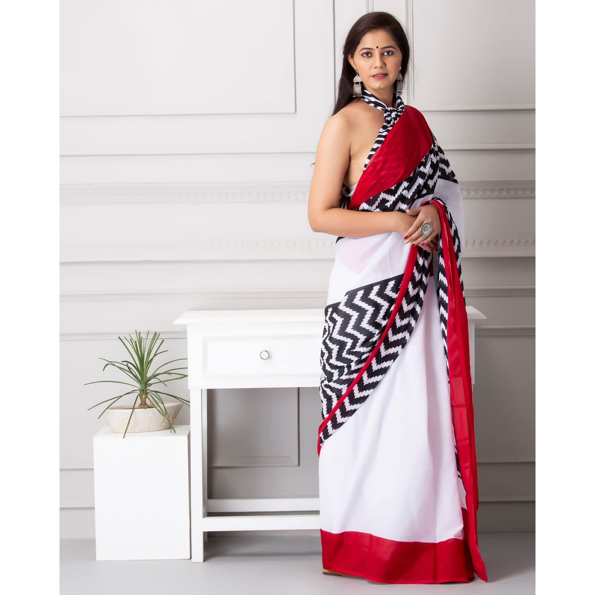 JALTHER Handicrafts Womens Ikat Hand Block Print Jaipuri Cotton Mulmul Saree with Blouse Piece - Multi_321