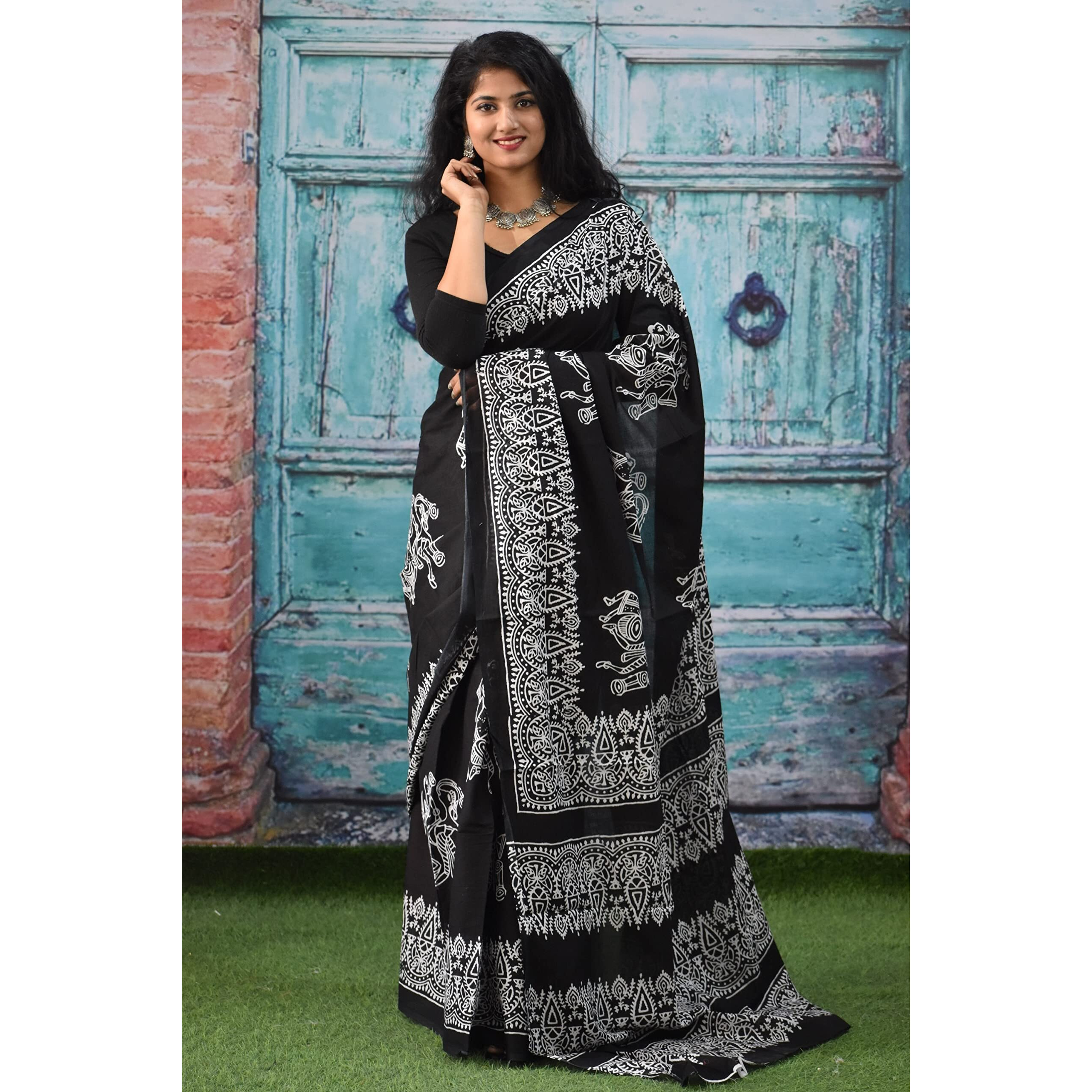 JALTHER Handicrafts Womens Ikat Hand Block Print Jaipuri Cotton Mulmul Saree with Blouse Piece - Black
