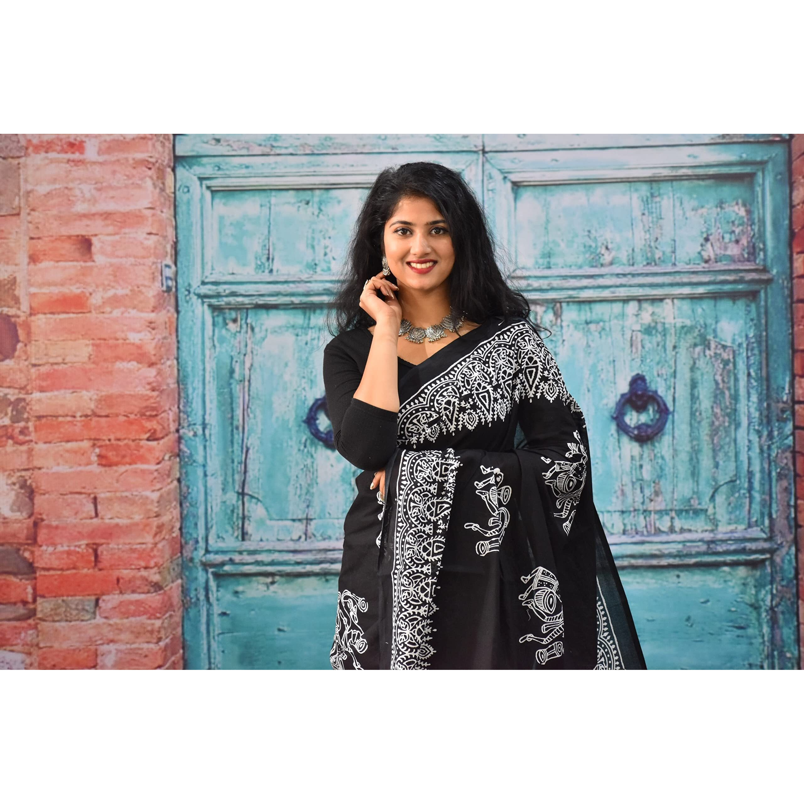 JALTHER Handicrafts Womens Ikat Hand Block Print Jaipuri Cotton Mulmul Saree with Blouse Piece - Black