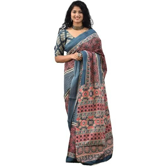 JALTHER Handicrafts Womens Ikat Hand Block Print Jaipuri Cotton Mulmul Saree with Blouse Piece - Multi_440