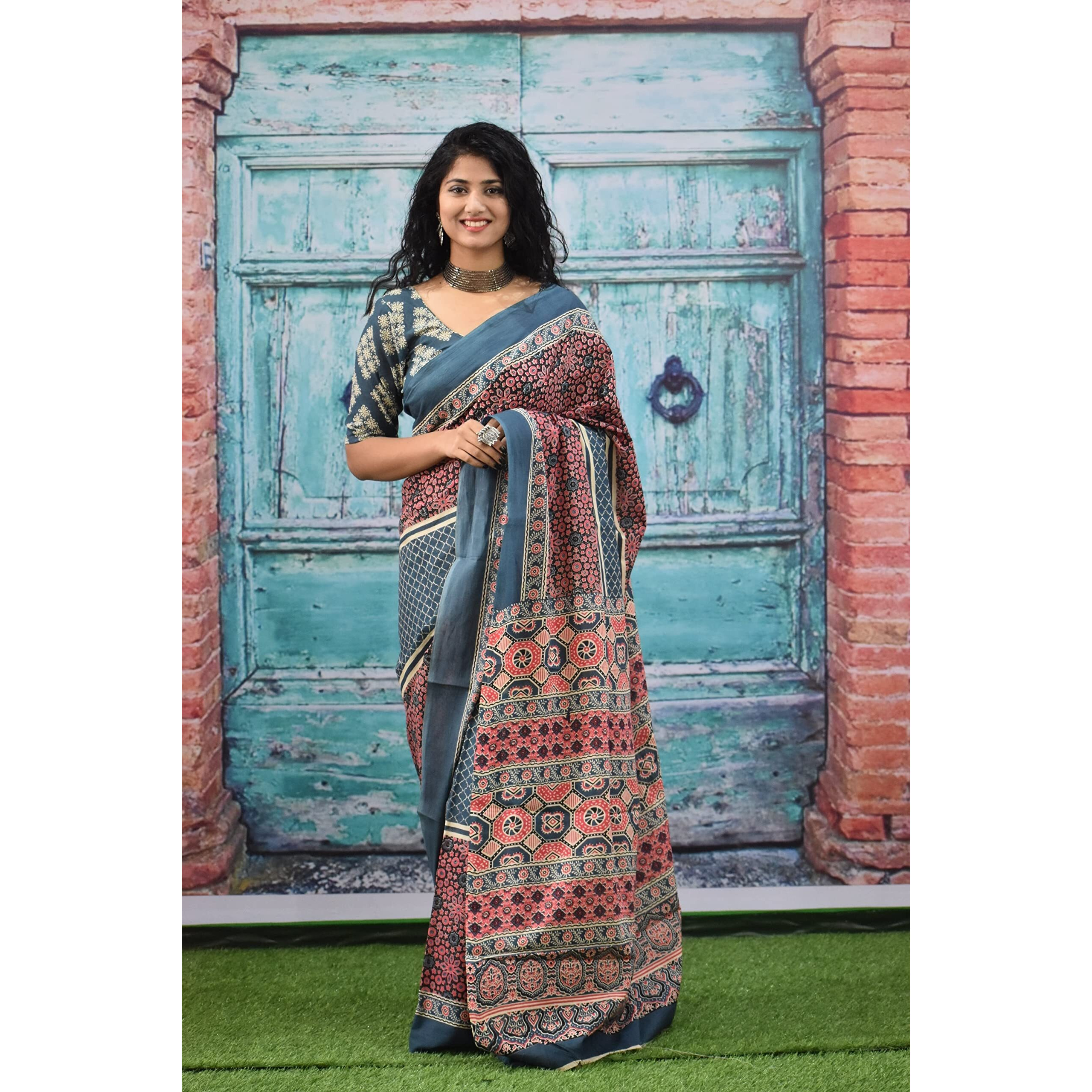 JALTHER Handicrafts Womens Ikat Hand Block Print Jaipuri Cotton Mulmul Saree with Blouse Piece - Multi_440