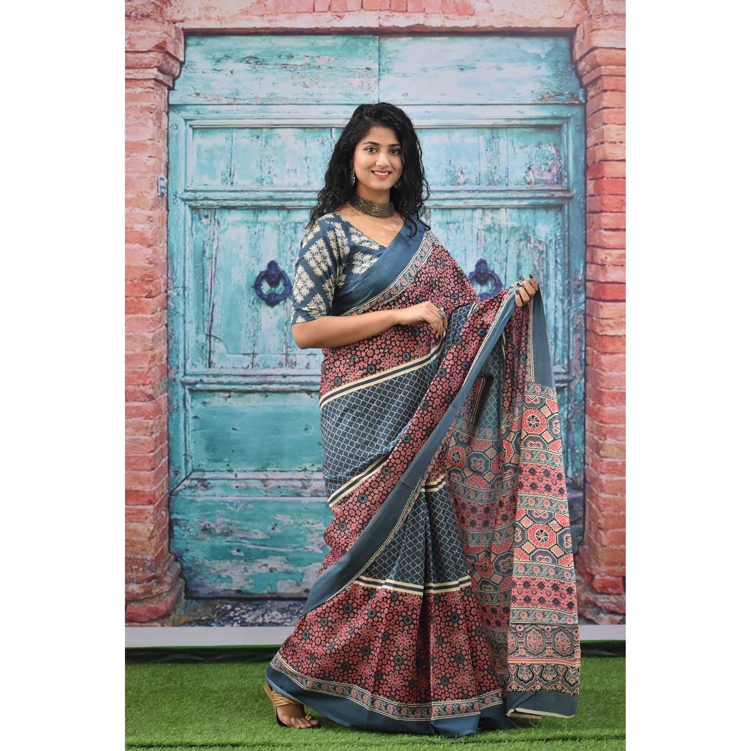 JALTHER Handicrafts Womens Ikat Hand Block Print Jaipuri Cotton Mulmul Saree with Blouse Piece - Multi_440