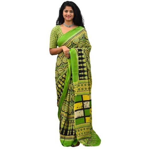 JALTHER Handicrafts Womens Ikat Hand Block Print Jaipuri Cotton Mulmul Saree with Blouse Piece - Green_433