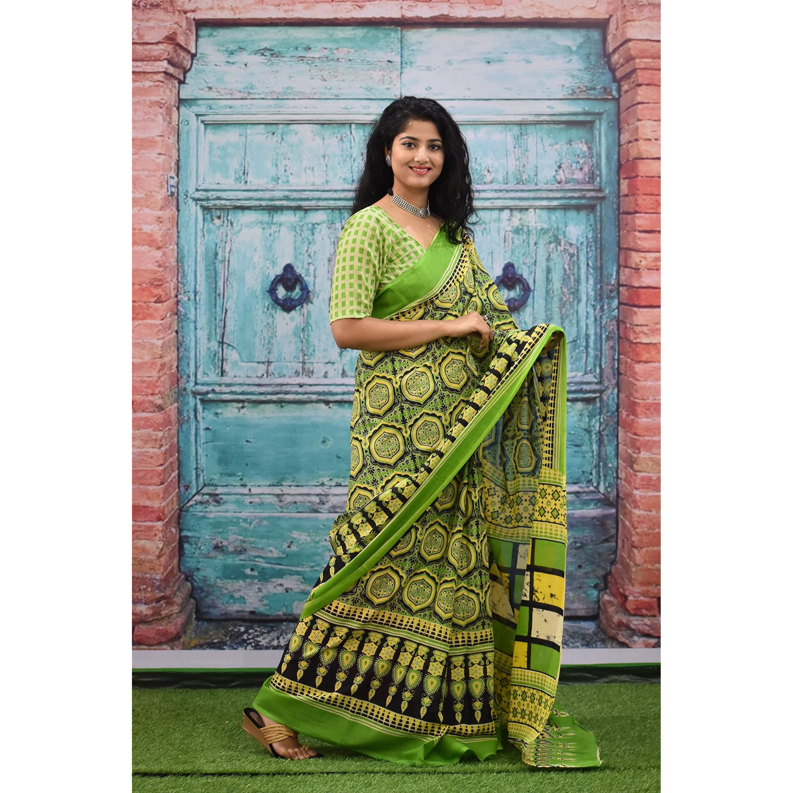 JALTHER Handicrafts Womens Ikat Hand Block Print Jaipuri Cotton Mulmul Saree with Blouse Piece - Green_433
