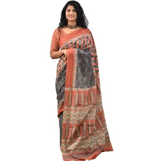 JALTHER Handicrafts Womens Ikat Hand Block Print Jaipuri Cotton Mulmul Saree with Blouse Piece - Multi_441