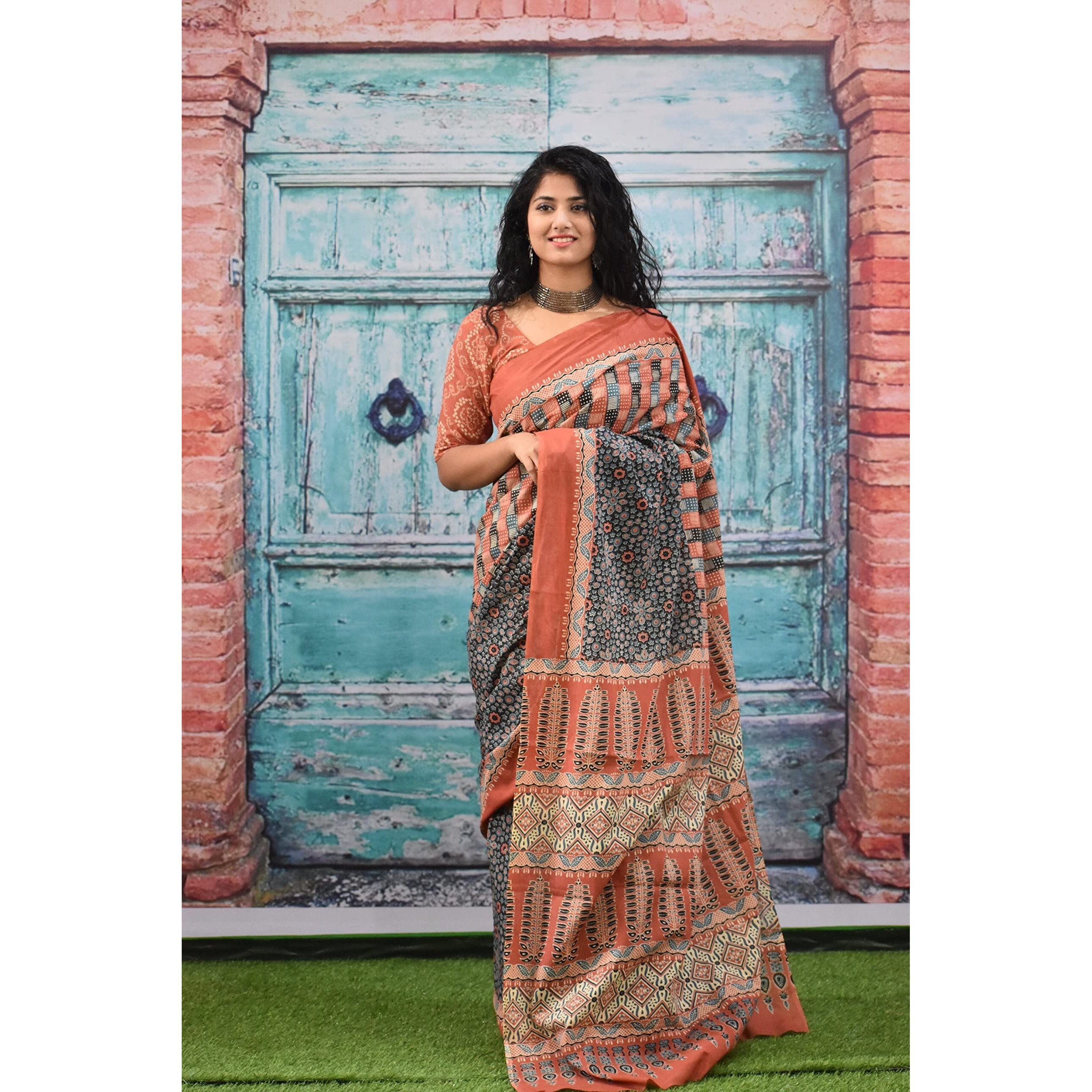 JALTHER Handicrafts Womens Ikat Hand Block Print Jaipuri Cotton Mulmul Saree with Blouse Piece - Multi_441
