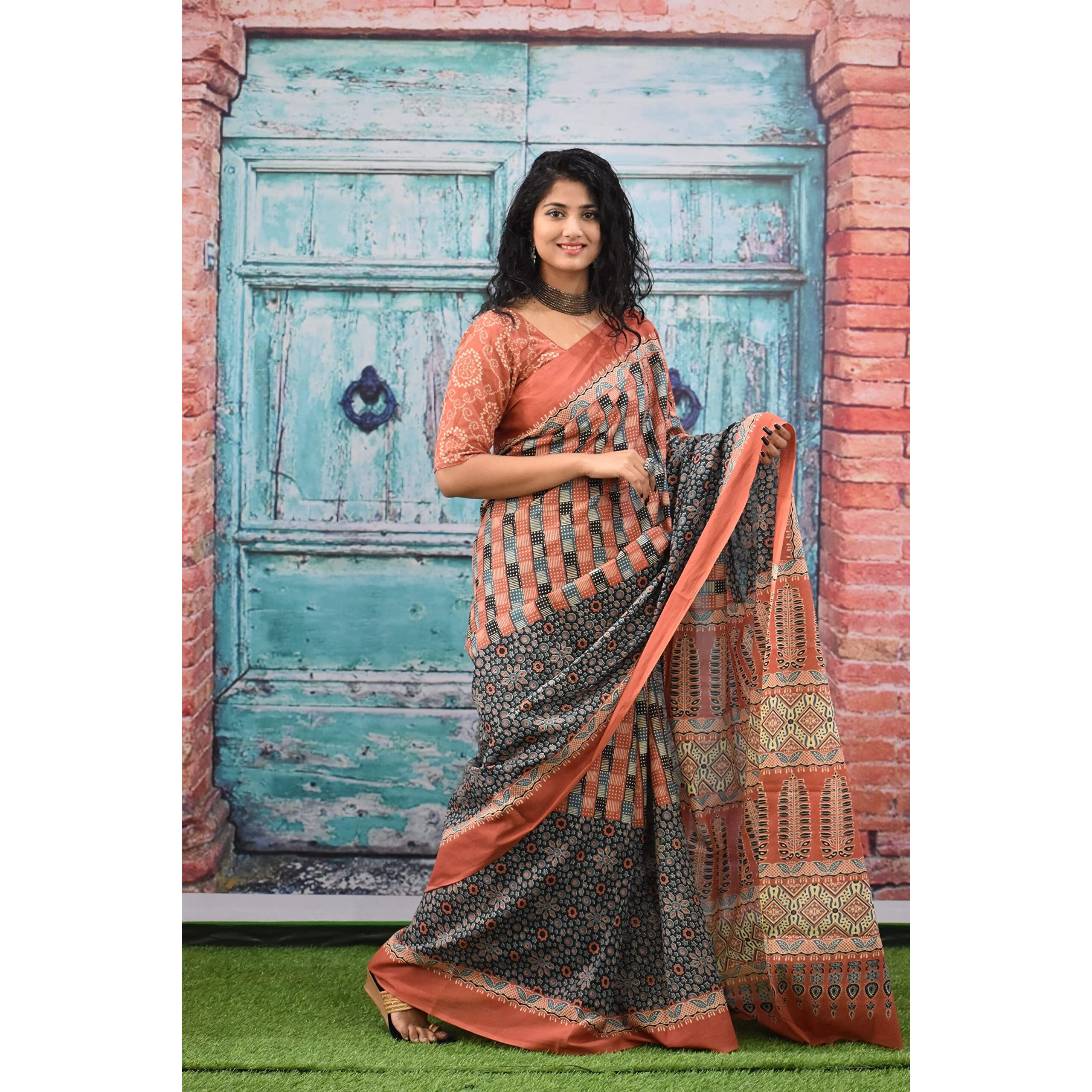 JALTHER Handicrafts Womens Ikat Hand Block Print Jaipuri Cotton Mulmul Saree with Blouse Piece - Multi_441