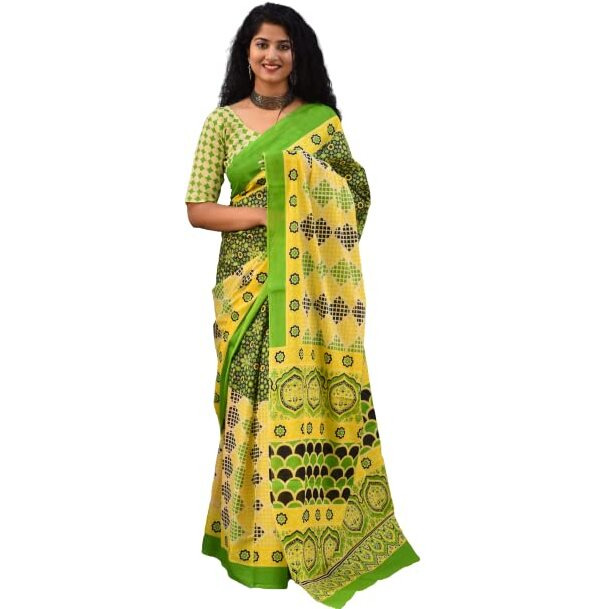 JALTHER Handicrafts Womens Ikat Hand Block Print Jaipuri Cotton Mulmul Saree with Blouse Piece - Green_430