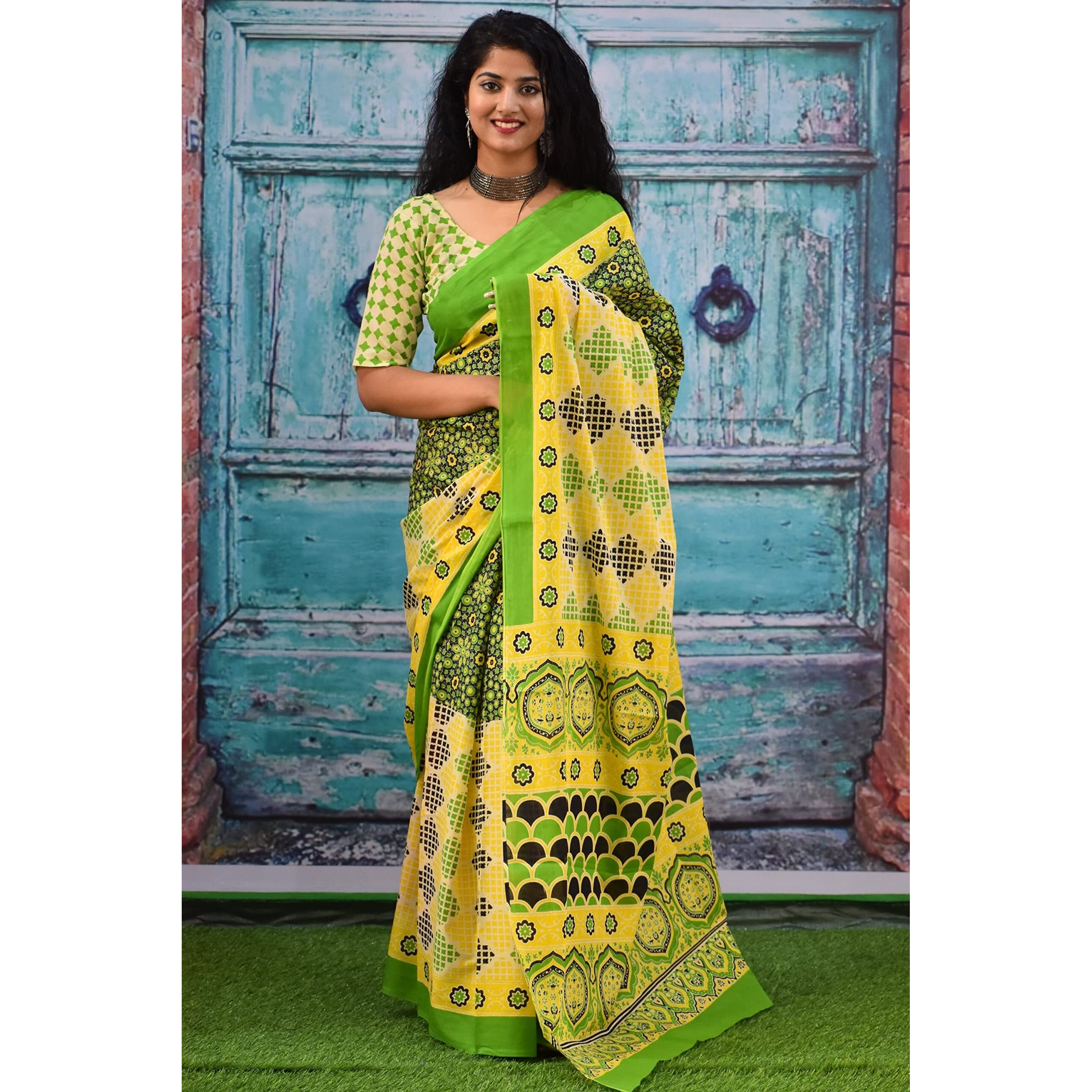 JALTHER Handicrafts Womens Ikat Hand Block Print Jaipuri Cotton Mulmul Saree with Blouse Piece - Green_430