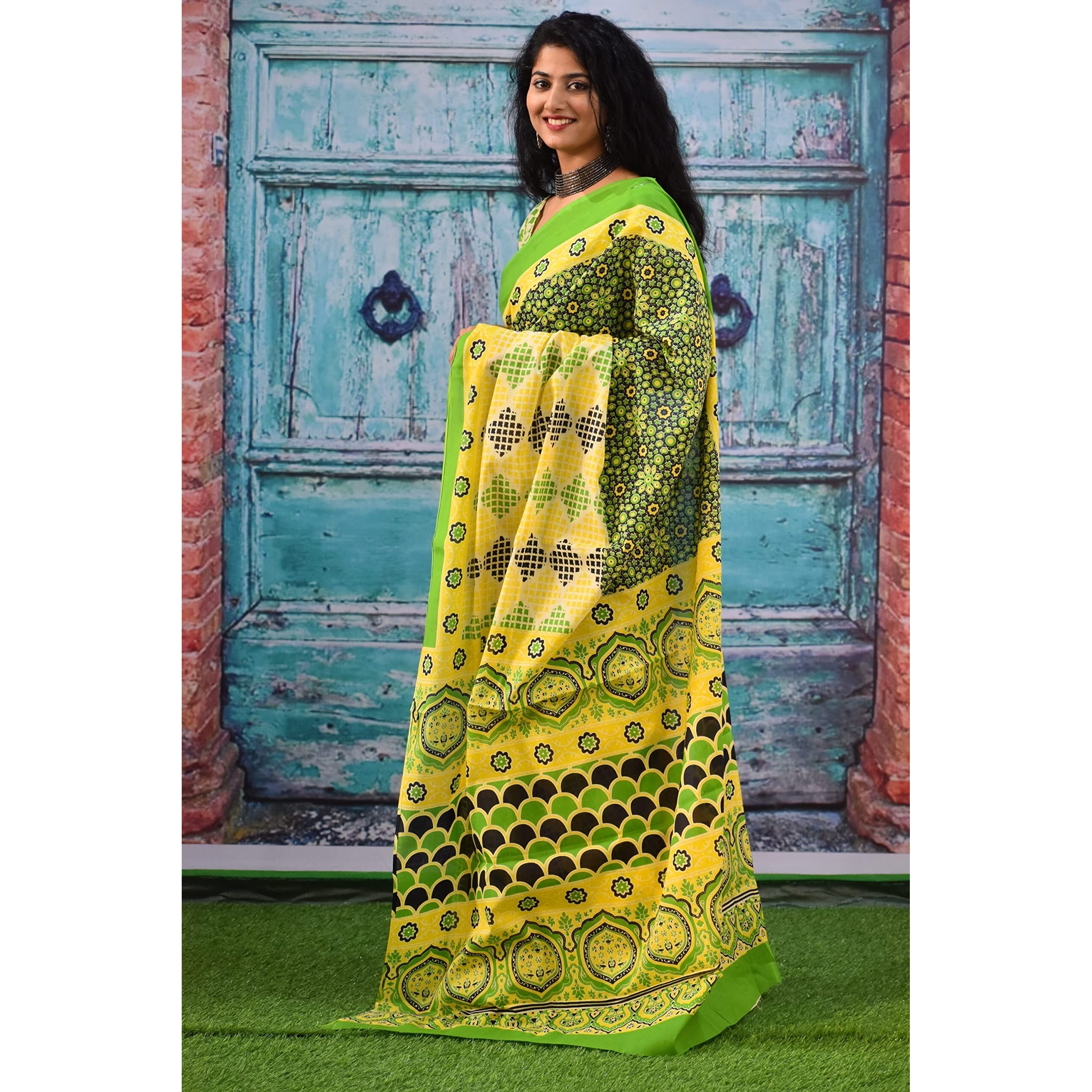 JALTHER Handicrafts Womens Ikat Hand Block Print Jaipuri Cotton Mulmul Saree with Blouse Piece - Green_430
