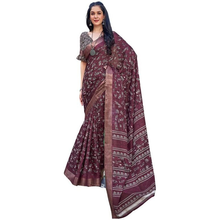 SIRIL Womens Silk Geometric Printed Zari Border Saree With Unstitched Blouse Piece (3645S1358_Dark Maroon)