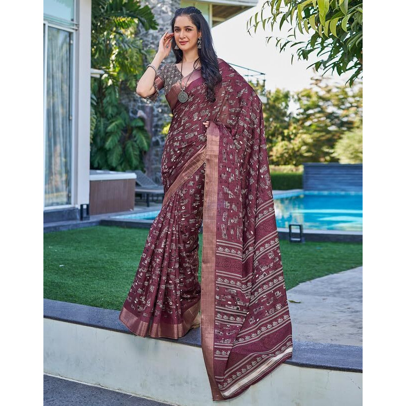 SIRIL Womens Silk Geometric Printed Zari Border Saree With Unstitched Blouse Piece (3645S1358_Dark Maroon)
