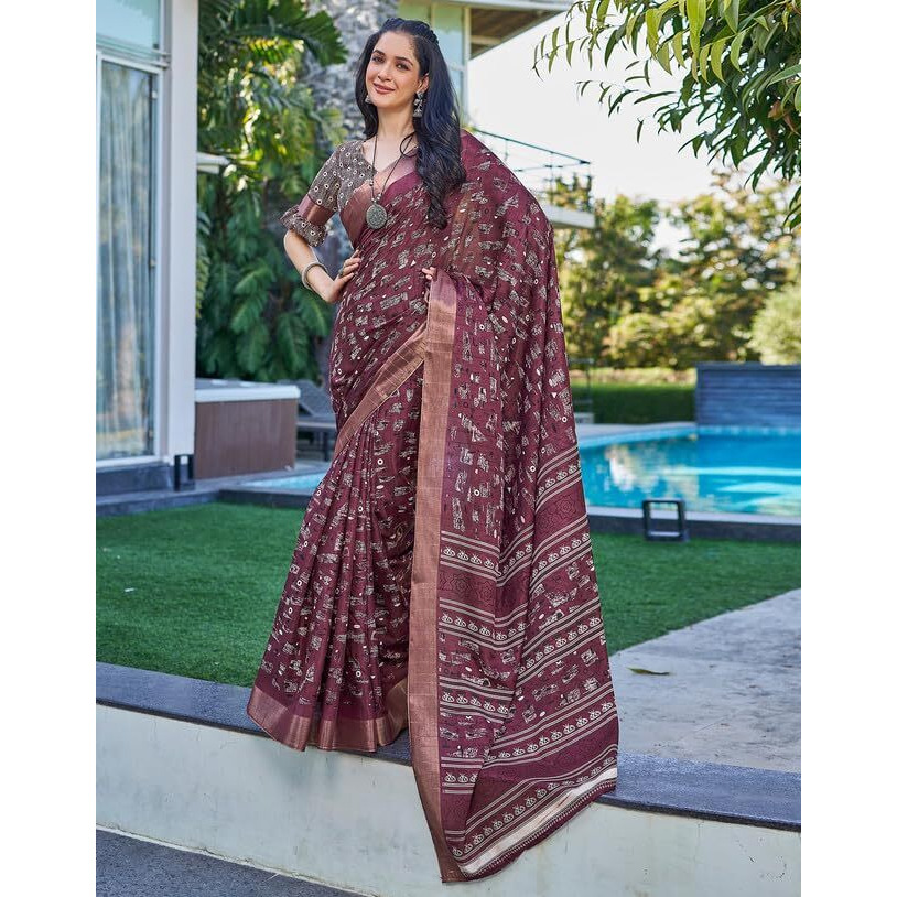 SIRIL Womens Silk Geometric Printed Zari Border Saree With Unstitched Blouse Piece (3645S1358_Dark Maroon)