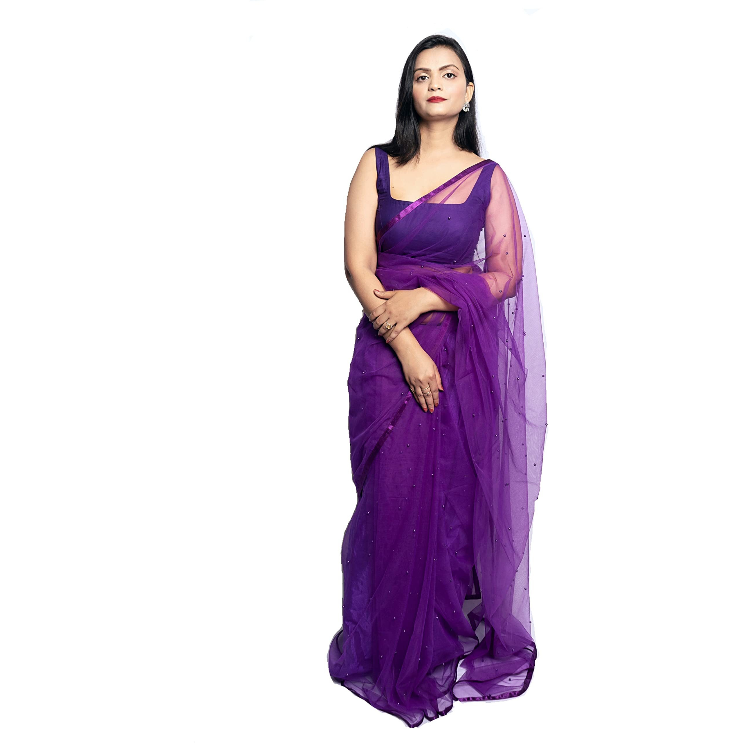 Wardrobe Luxury Womens Purple Net Embroidered Saree