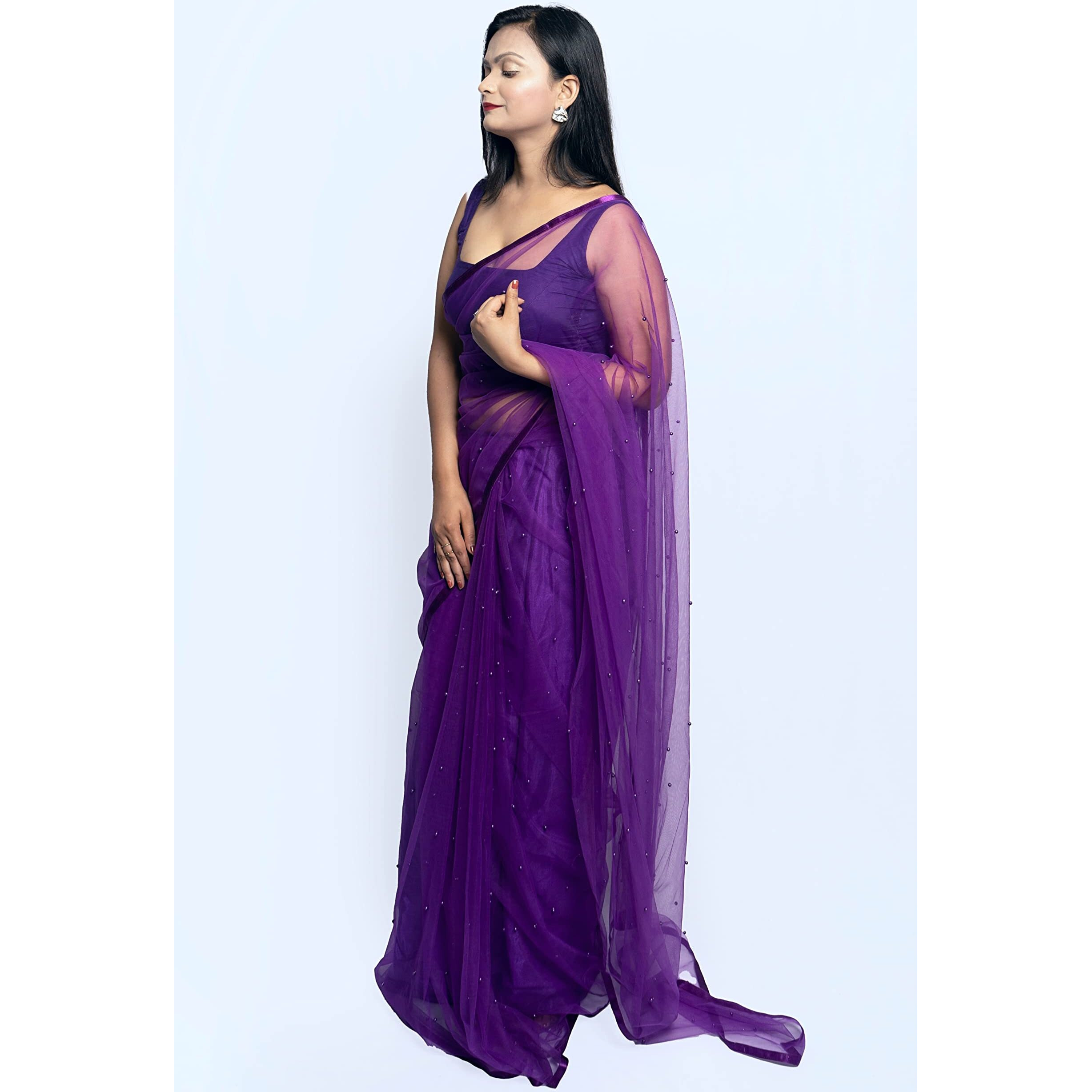 Wardrobe Luxury Womens Purple Net Embroidered Saree