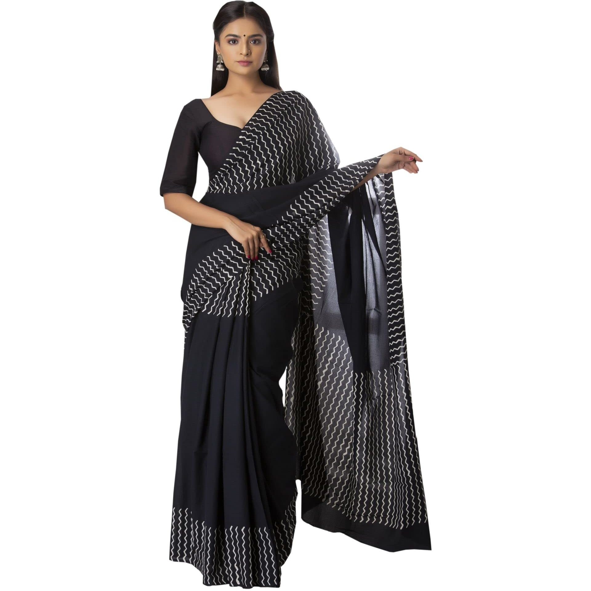 JALTHER Handicrafts Womens Ikat Hand Block Print Jaipuri Cotton Mulmul Saree with Blouse Piece - Grey_320