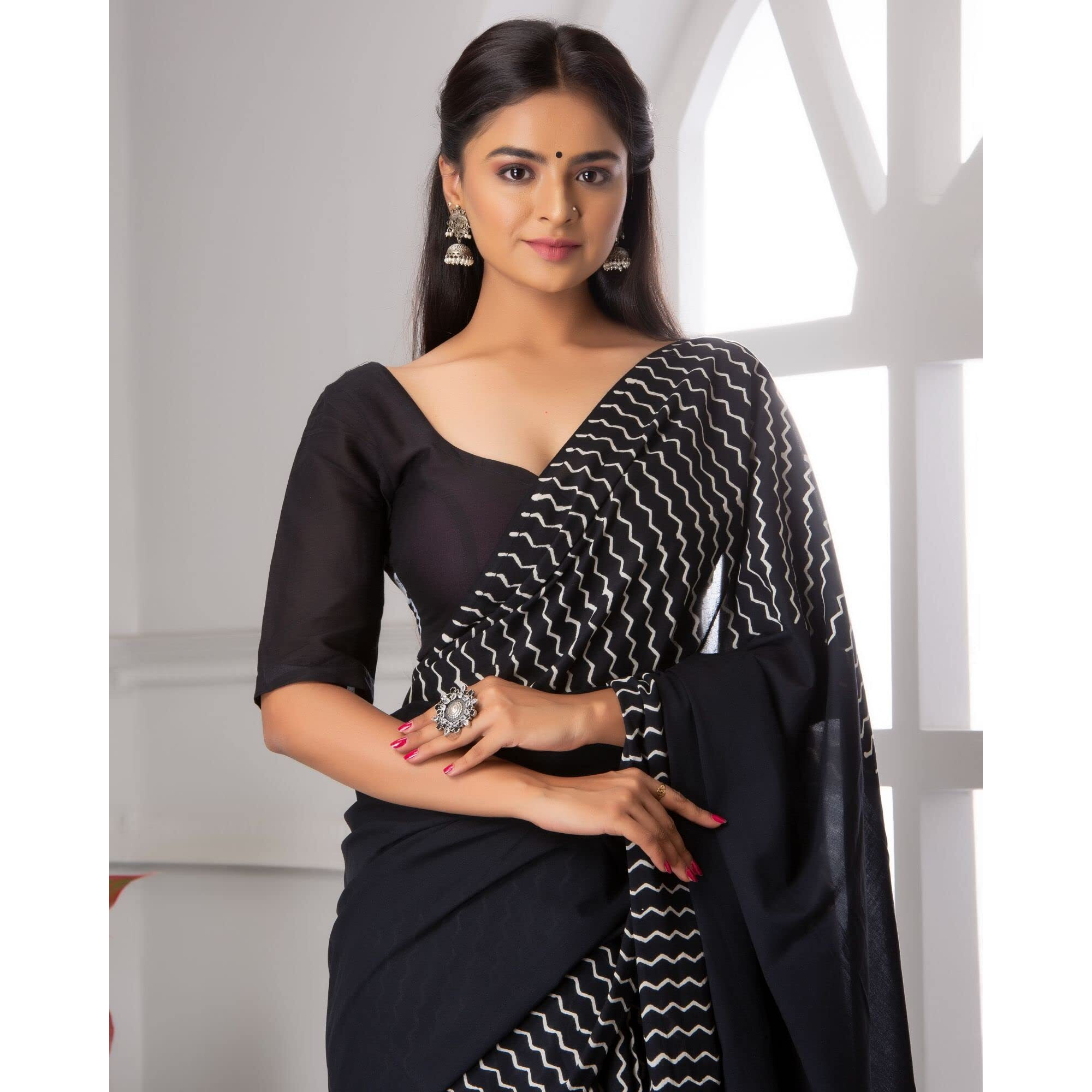 JALTHER Handicrafts Womens Ikat Hand Block Print Jaipuri Cotton Mulmul Saree with Blouse Piece - Grey_320